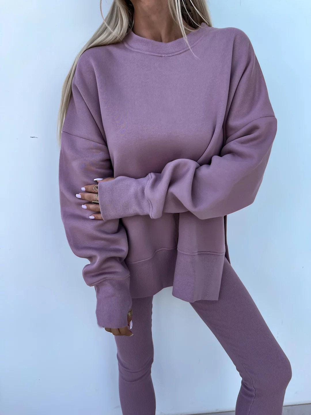 Comfy Loose Slit Sweatshirt and Elastic Waist Tight Pants Set