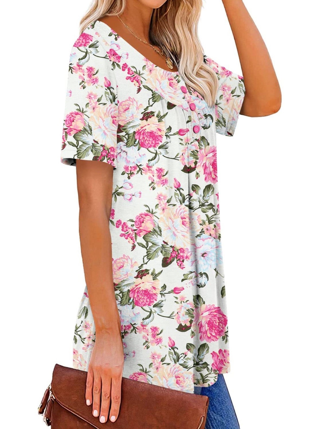 Women's Printed Botton Down Pleated Short Sleeve Shirts Tunic Tops
