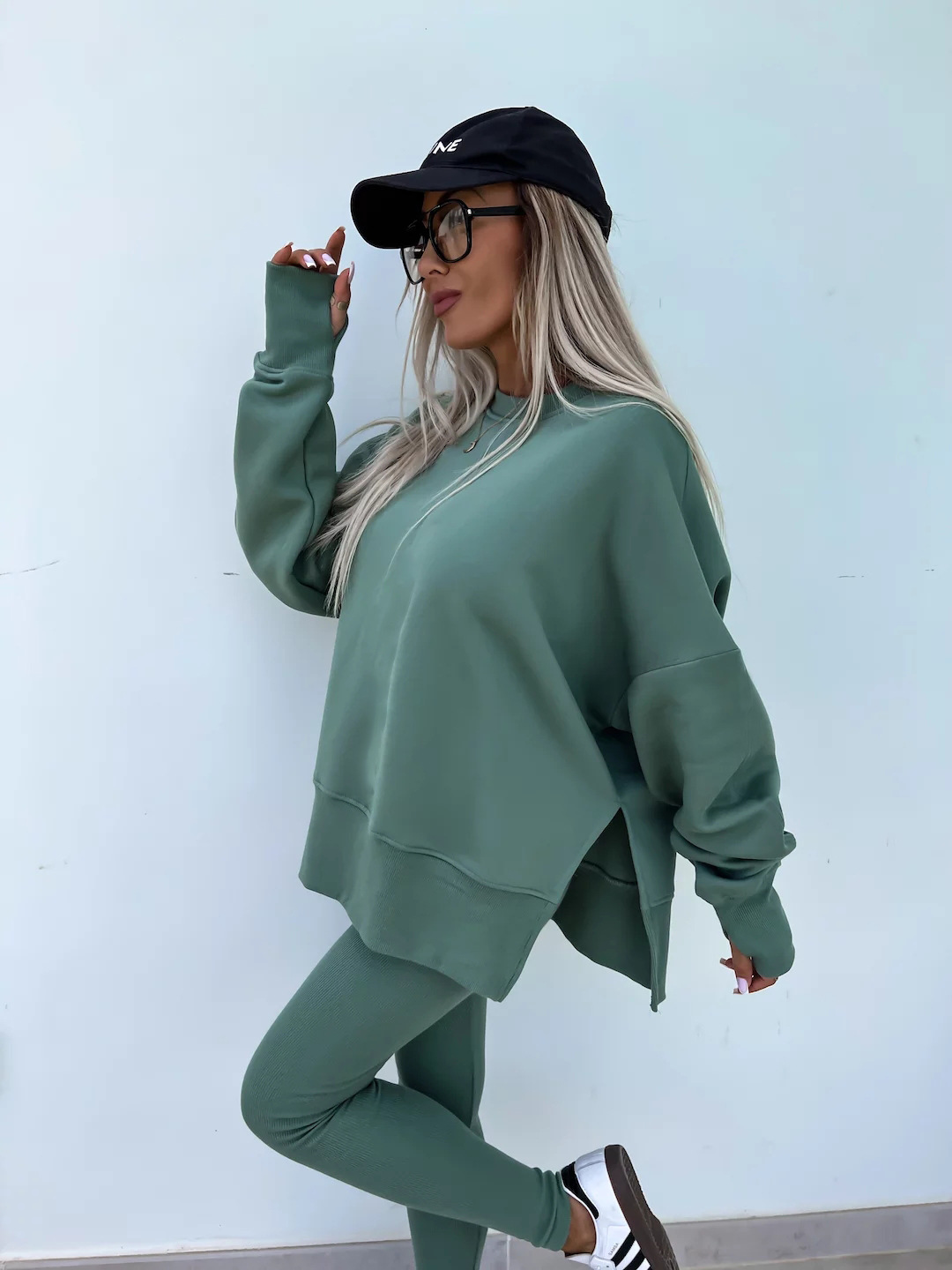 Comfy Loose Slit Sweatshirt and Elastic Waist Tight Pants Set