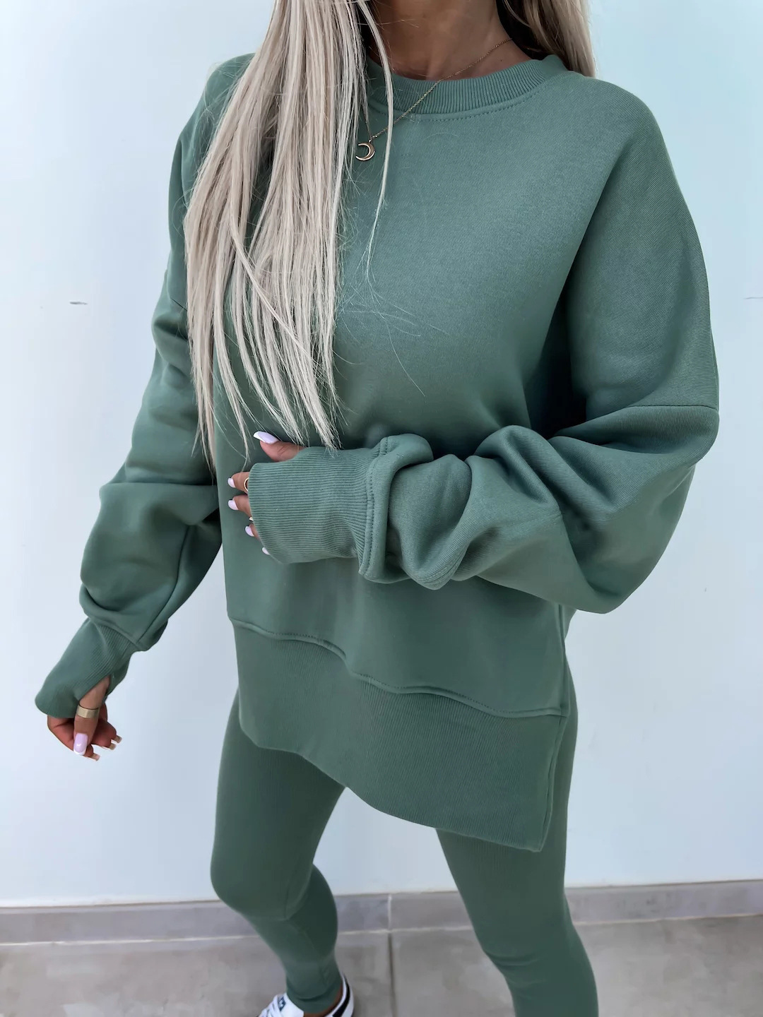 Comfy Loose Slit Sweatshirt and Elastic Waist Tight Pants Set