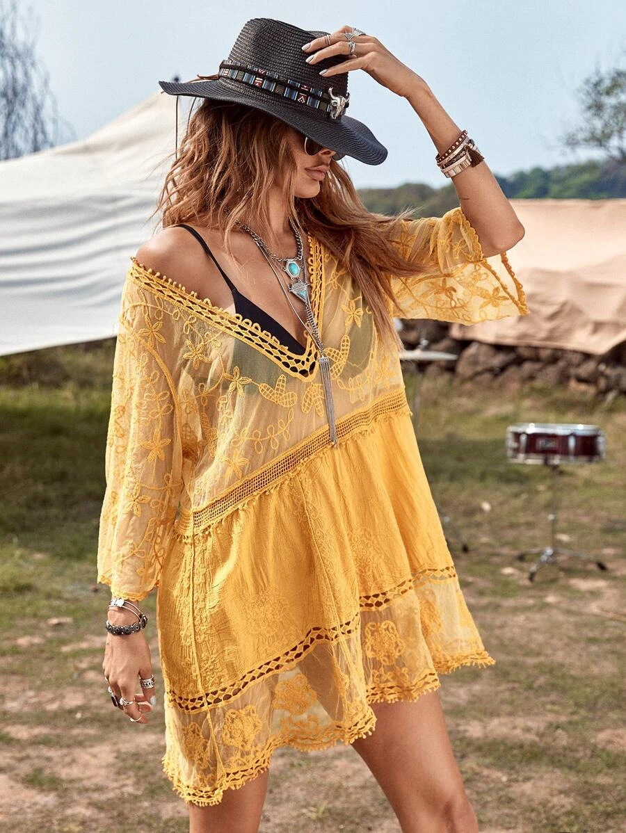 Women's Lace Bathing Suit Cover Up V-Neck Swimsuit Coverups