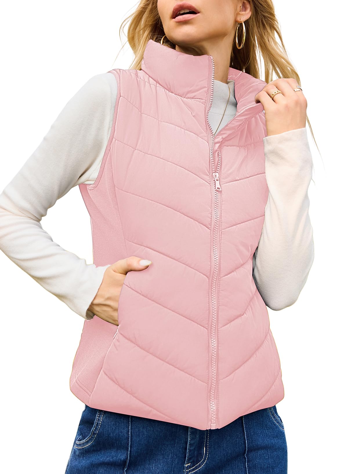 Womens Sleeveless Zip Up Stand Collar Quilted Vest