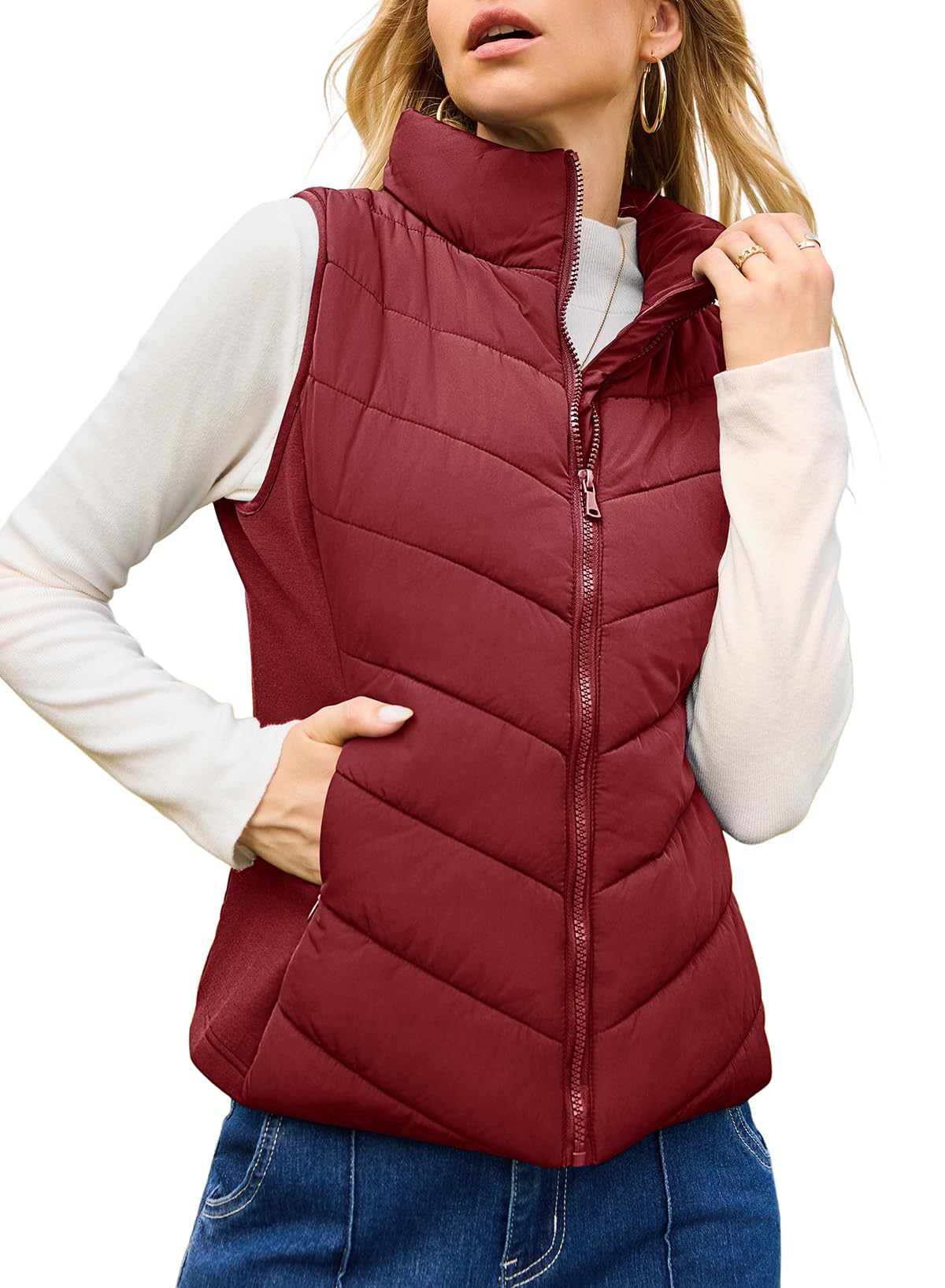 Womens Sleeveless Zip Up Stand Collar Quilted Vest