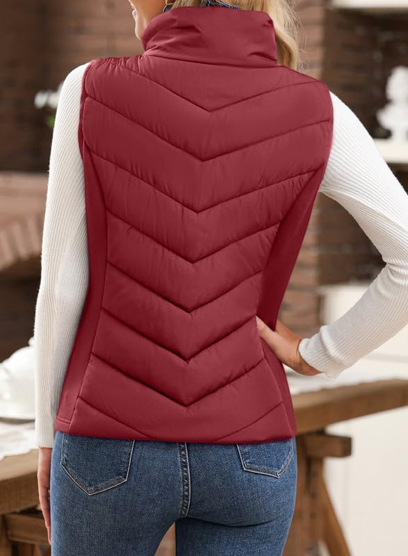 Womens Sleeveless Zip Up Stand Collar Quilted Vest