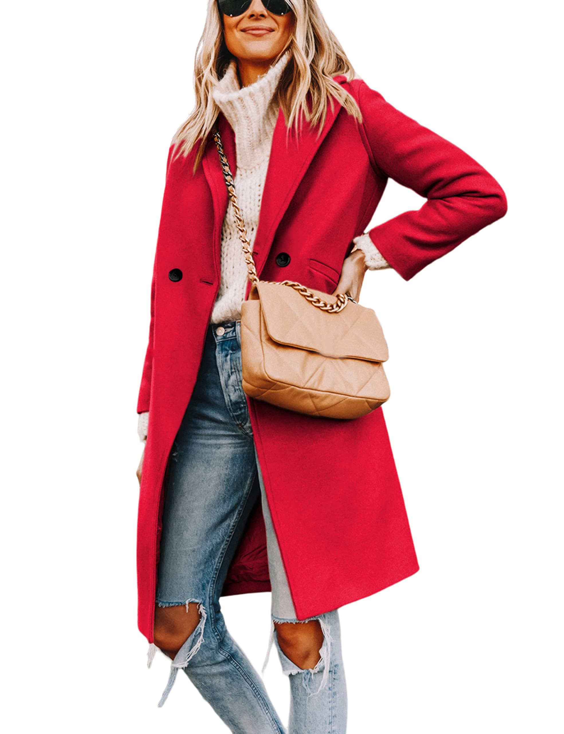 Women's Notch Lapel Double Breasted Wool Blend Mid Long Pea Trench Coat