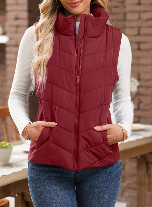 Womens Sleeveless Zip Up Stand Collar Quilted Vest