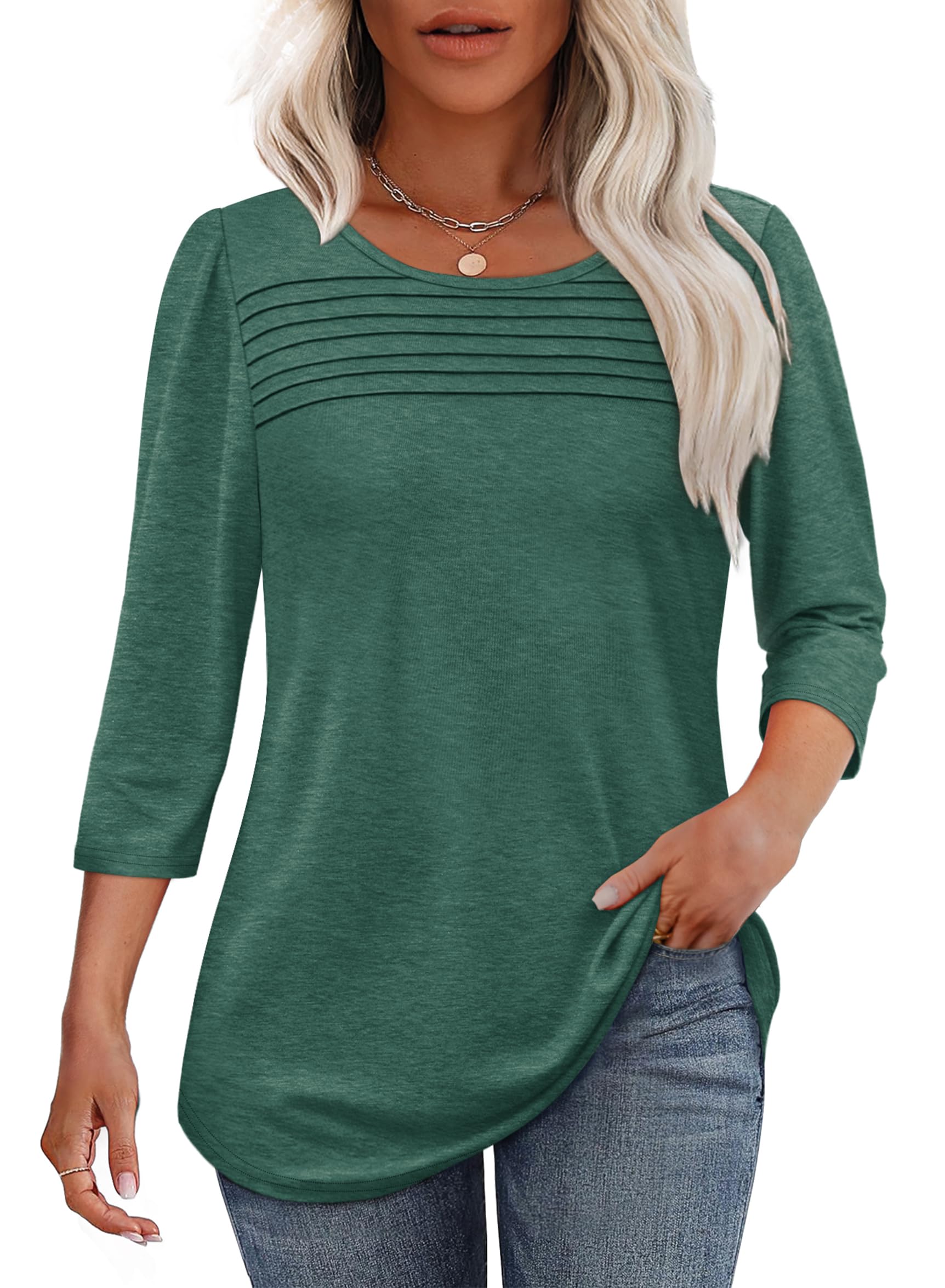 2025 New Women's 3/4 Length Sleeve Top Pleated Front T-Shirt(buy 3 free shipping)
