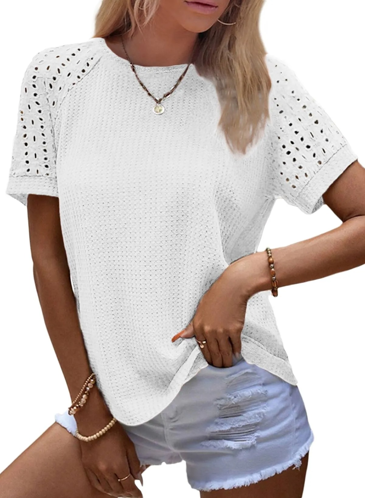 HOT SALE Women's Casual Crew Neck Hollow Out Raglan Short Sleeve Waffle Knit Tops