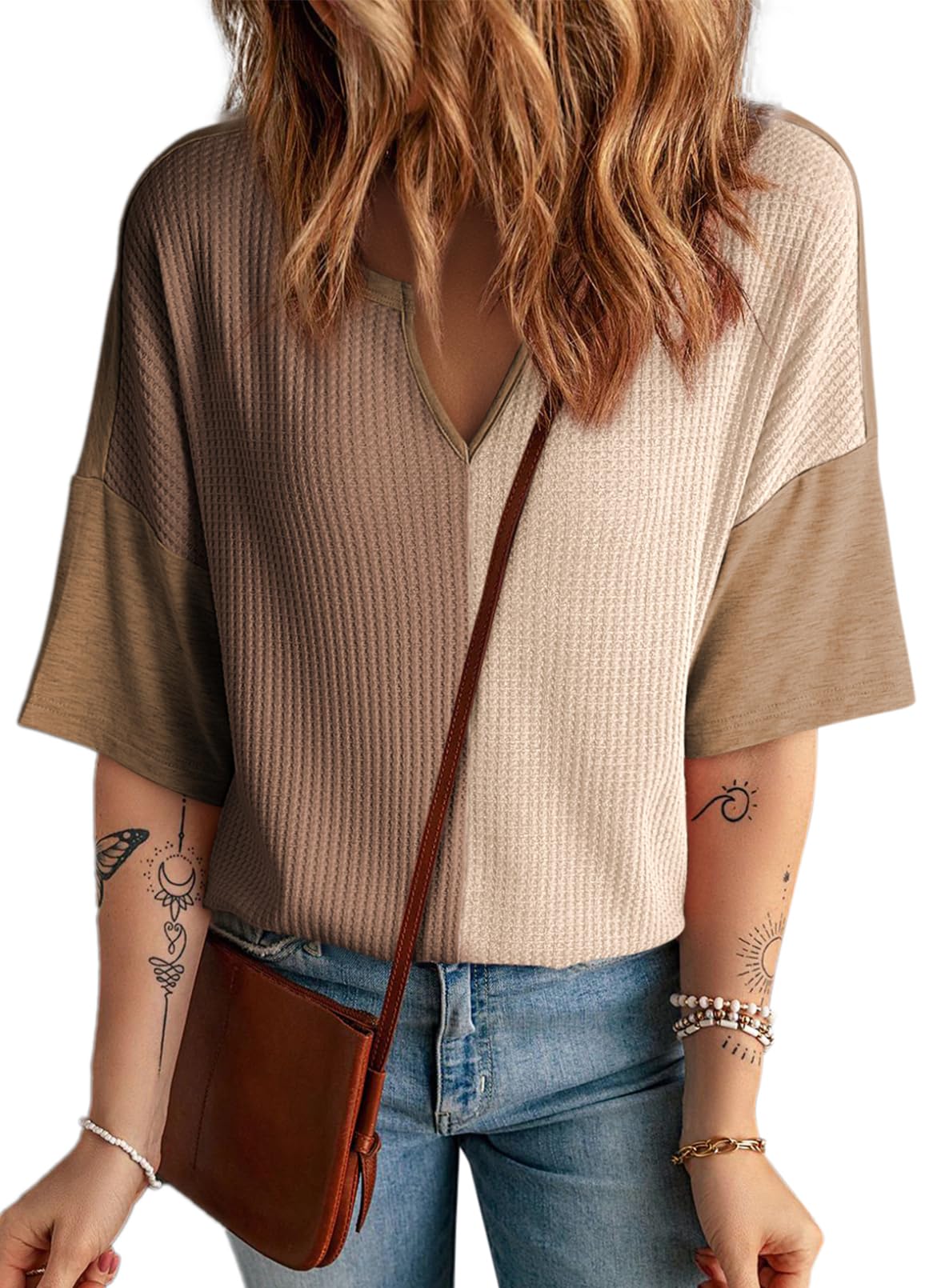 2025 New Women's Half Sleeve Waffle Knit Casual V Neck Colorblock Patchwork Shirts(buy 2 free shipping)