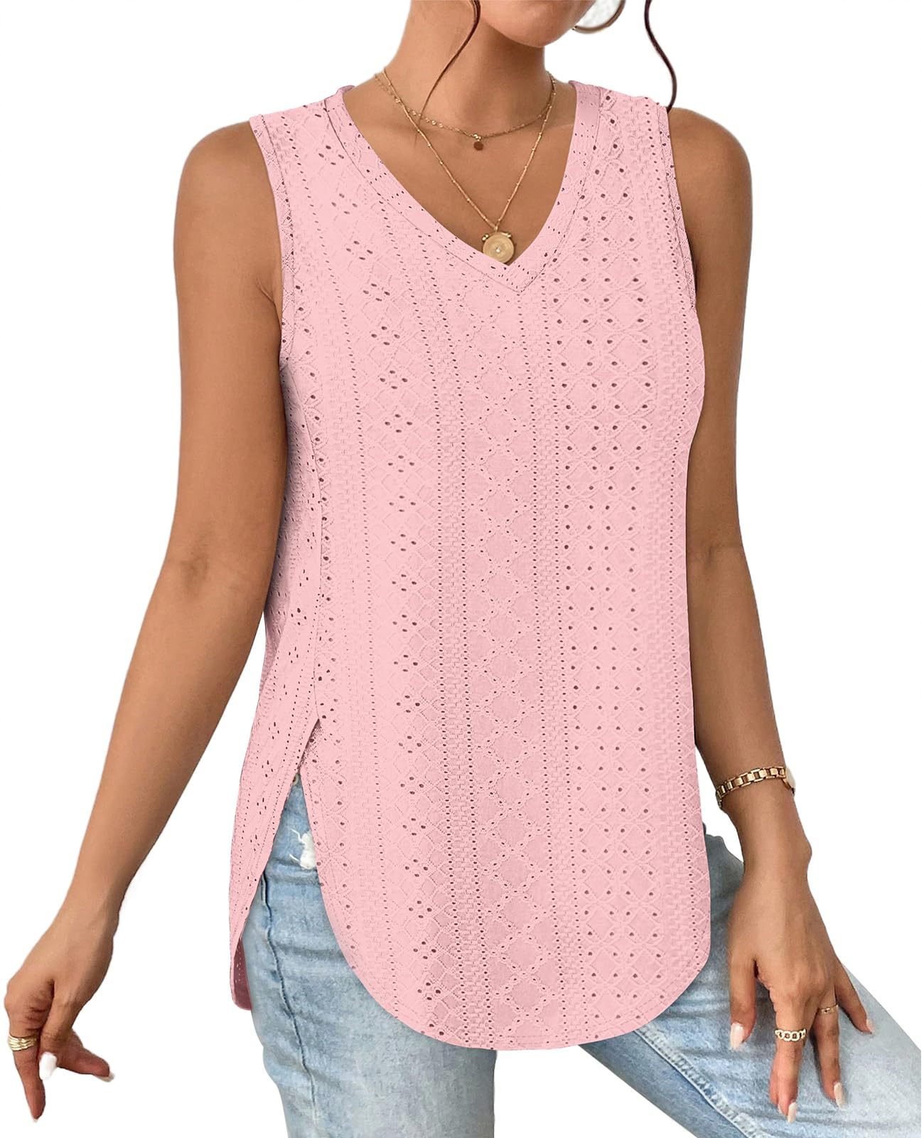 HOT SALE Women's V Neck Eyelet Embroidery Casaul Sleeveless Tank Tops