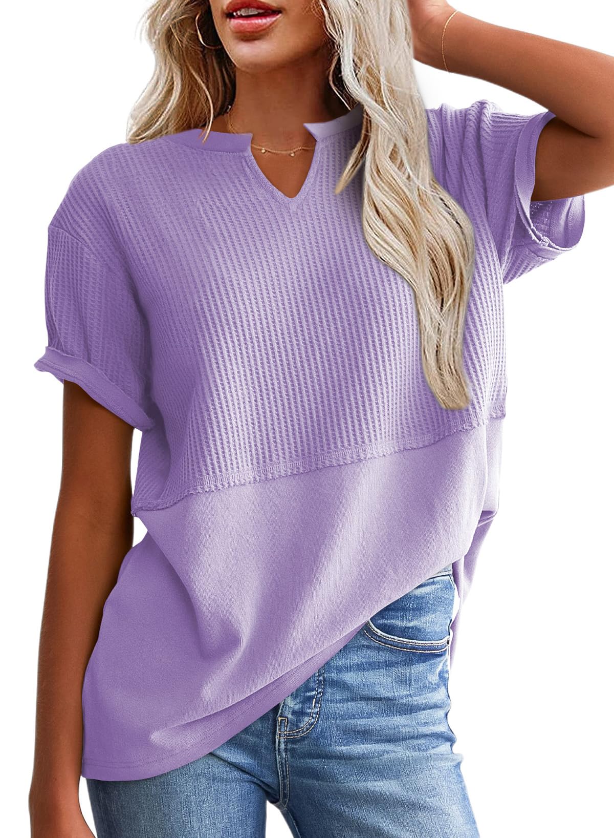 2025 New Women's Casual V Neck Waffle Knit Tops Short Sleeve T Shirts(buy 2 free shipping)