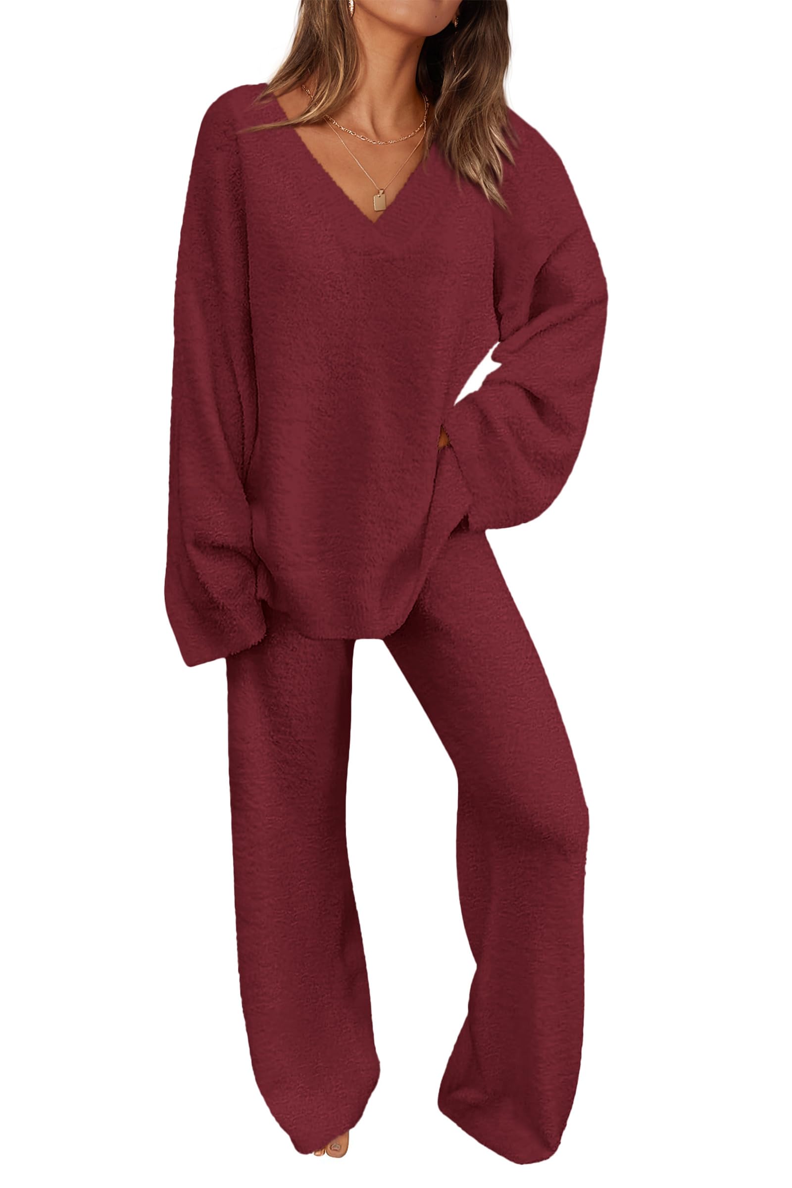 Women's 2 Piece Oversized V Neck Pullover Sweater Fuzzy Lounge Set