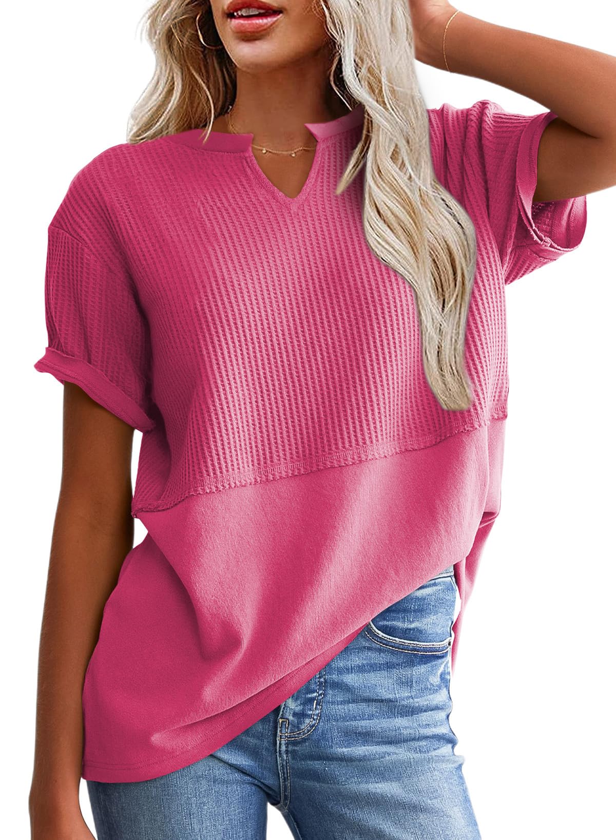 2025 New Women's Casual V Neck Waffle Knit Tops Short Sleeve T Shirts(buy 2 free shipping)