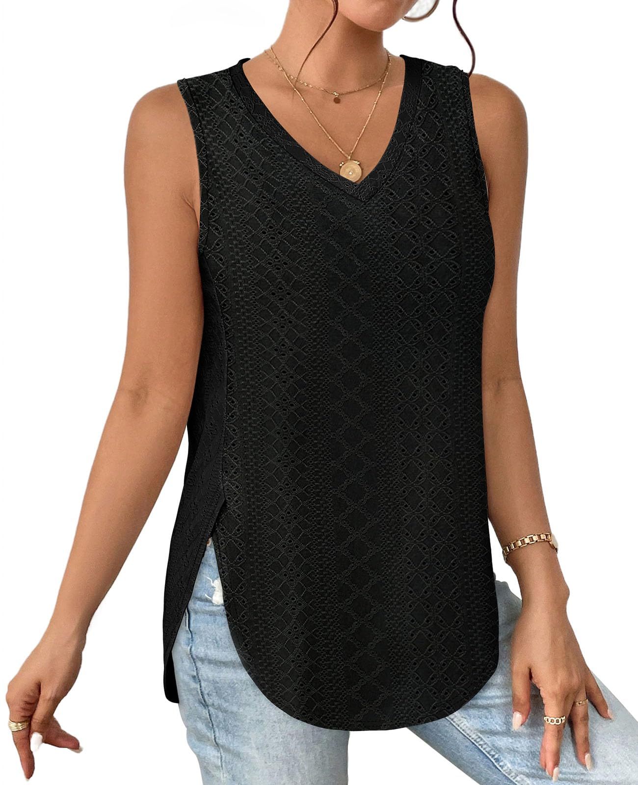 HOT SALE Women's V Neck Eyelet Embroidery Casaul Sleeveless Tank Tops