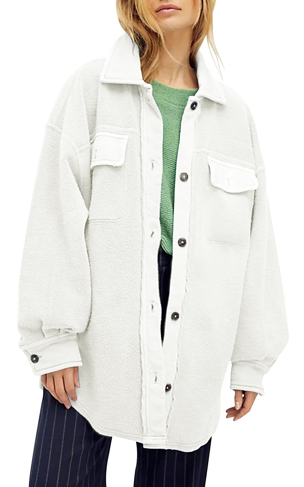 HOT SALE Women's Oversized Fleece Long Sleeve Button Down Shirt Jacket