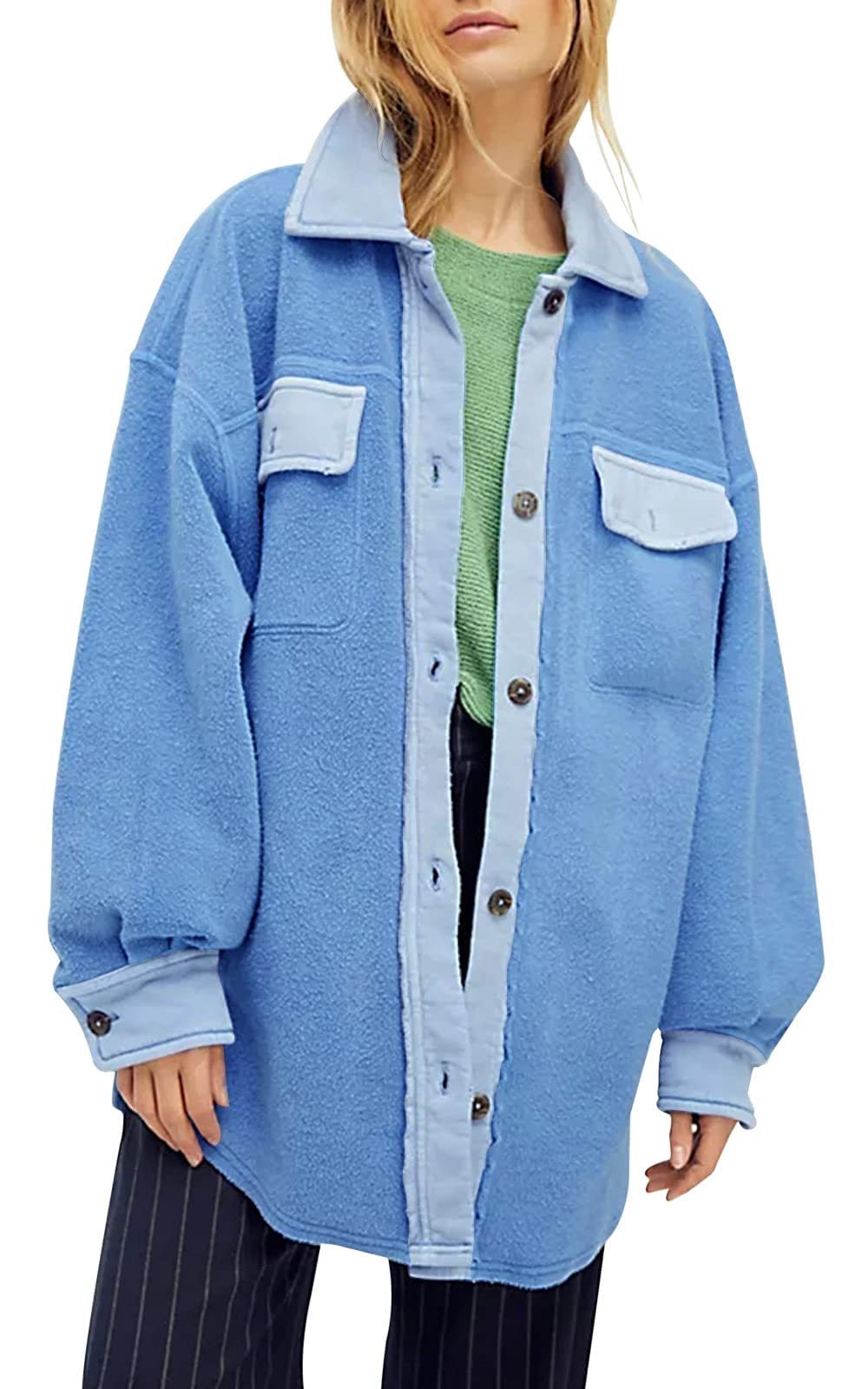 HOT SALE Women's Oversized Fleece Long Sleeve Button Down Shirt Jacket