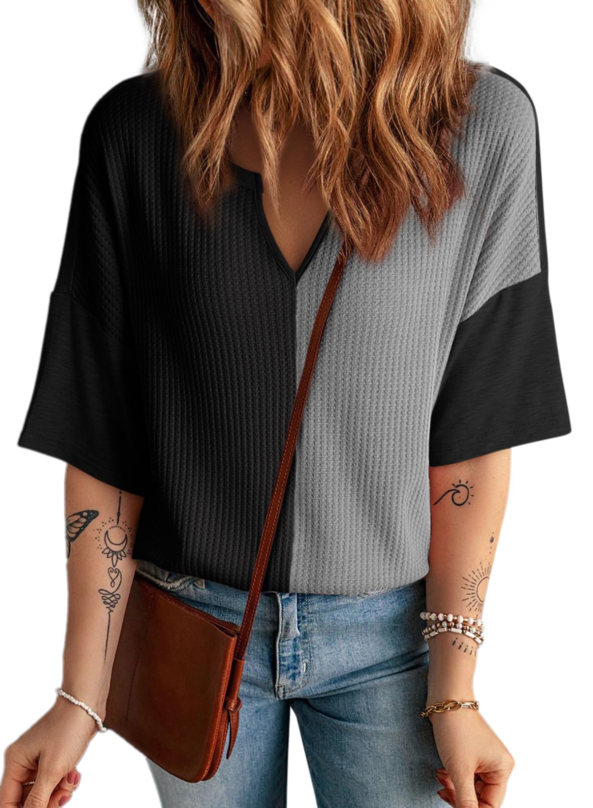 2025 New Women's Half Sleeve Waffle Knit Casual V Neck Colorblock Patchwork Shirts(buy 2 free shipping)