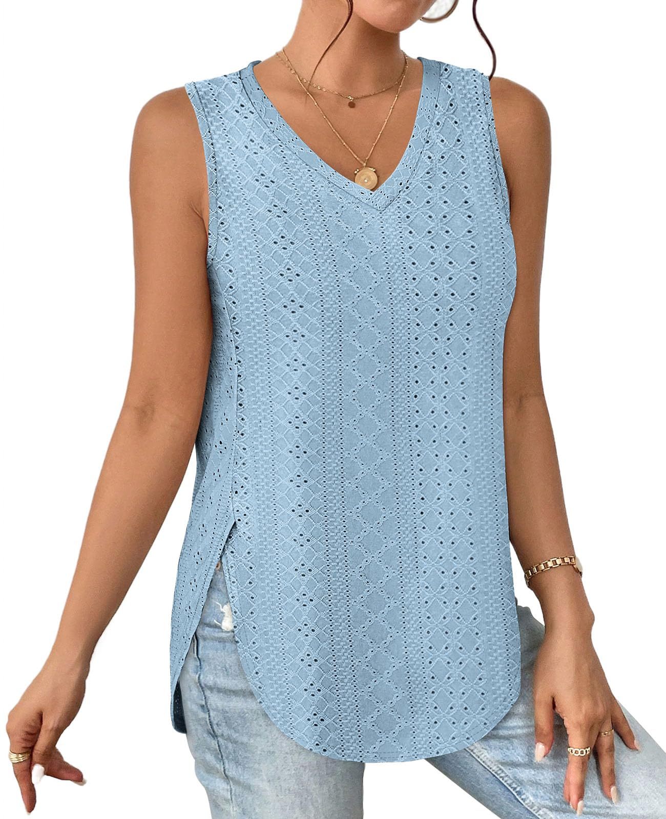 HOT SALE Women's V Neck Eyelet Embroidery Casaul Sleeveless Tank Tops