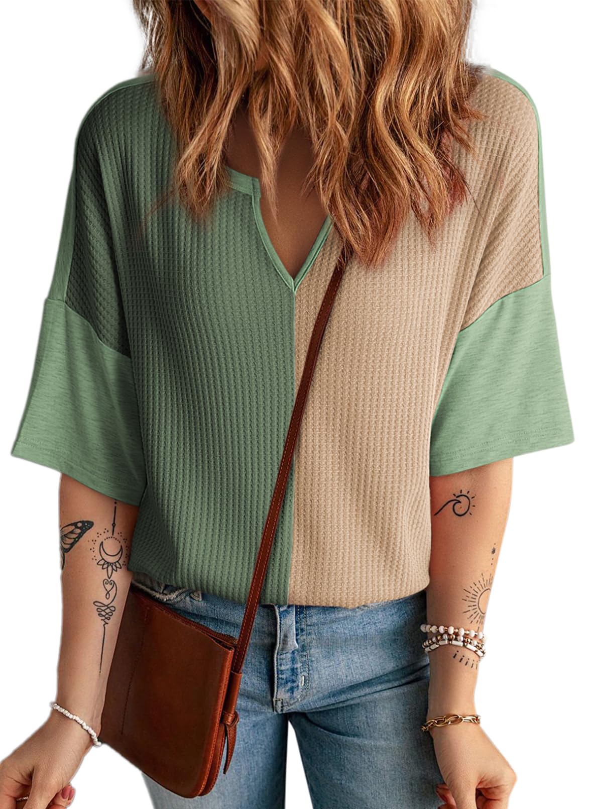 2025 New Women's Half Sleeve Waffle Knit Casual V Neck Colorblock Patchwork Shirts(buy 2 free shipping)