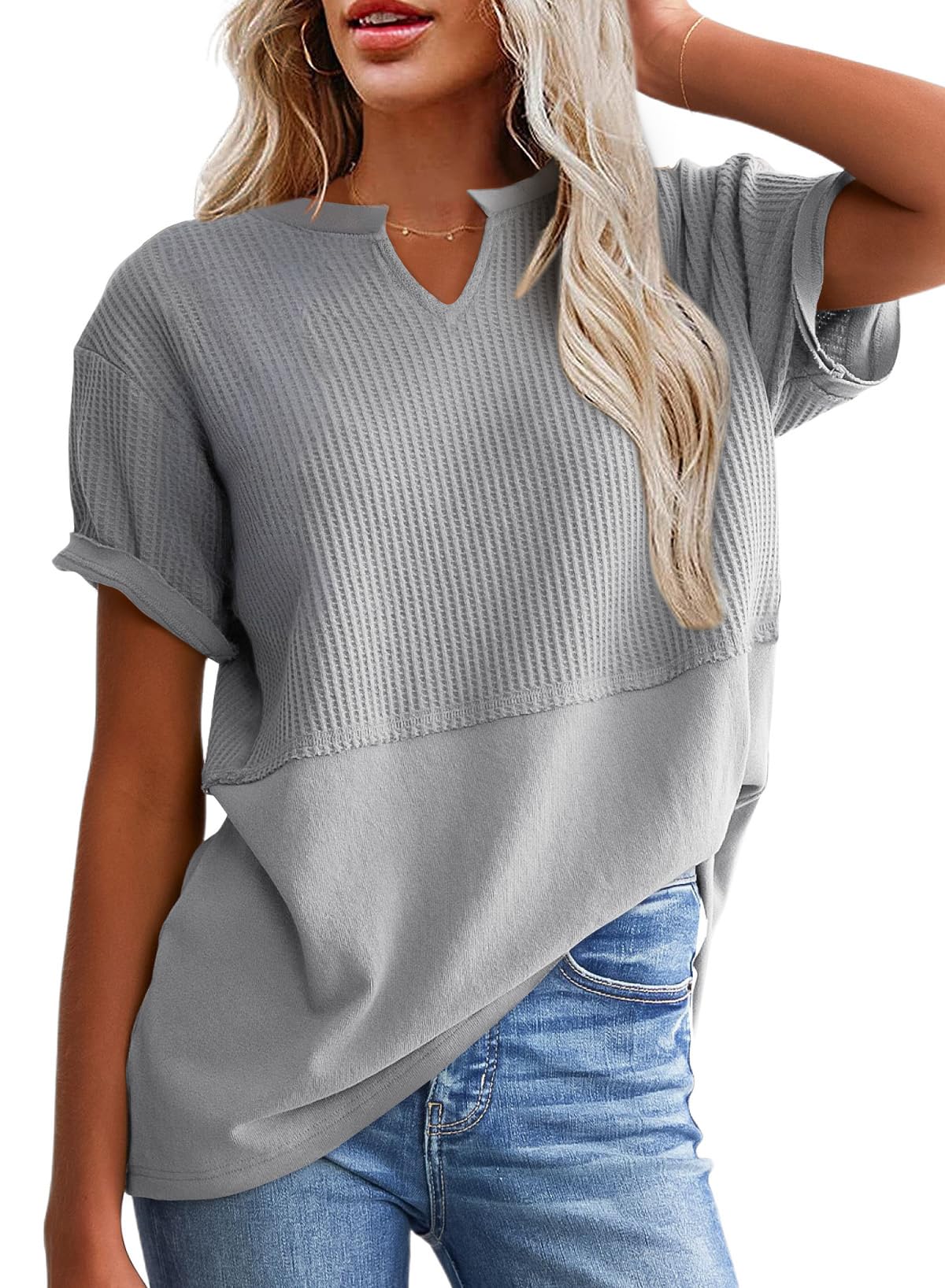 2025 New Women's Casual V Neck Waffle Knit Tops Short Sleeve T Shirts(buy 2 free shipping)
