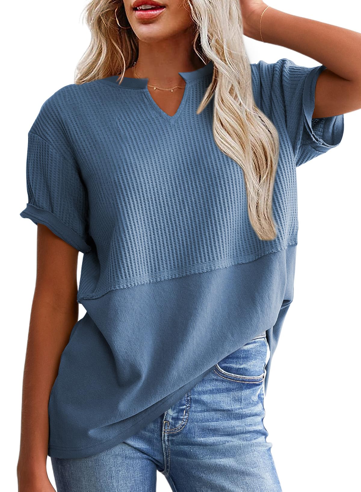 2025 New Women's Casual V Neck Waffle Knit Tops Short Sleeve T Shirts(buy 2 free shipping)
