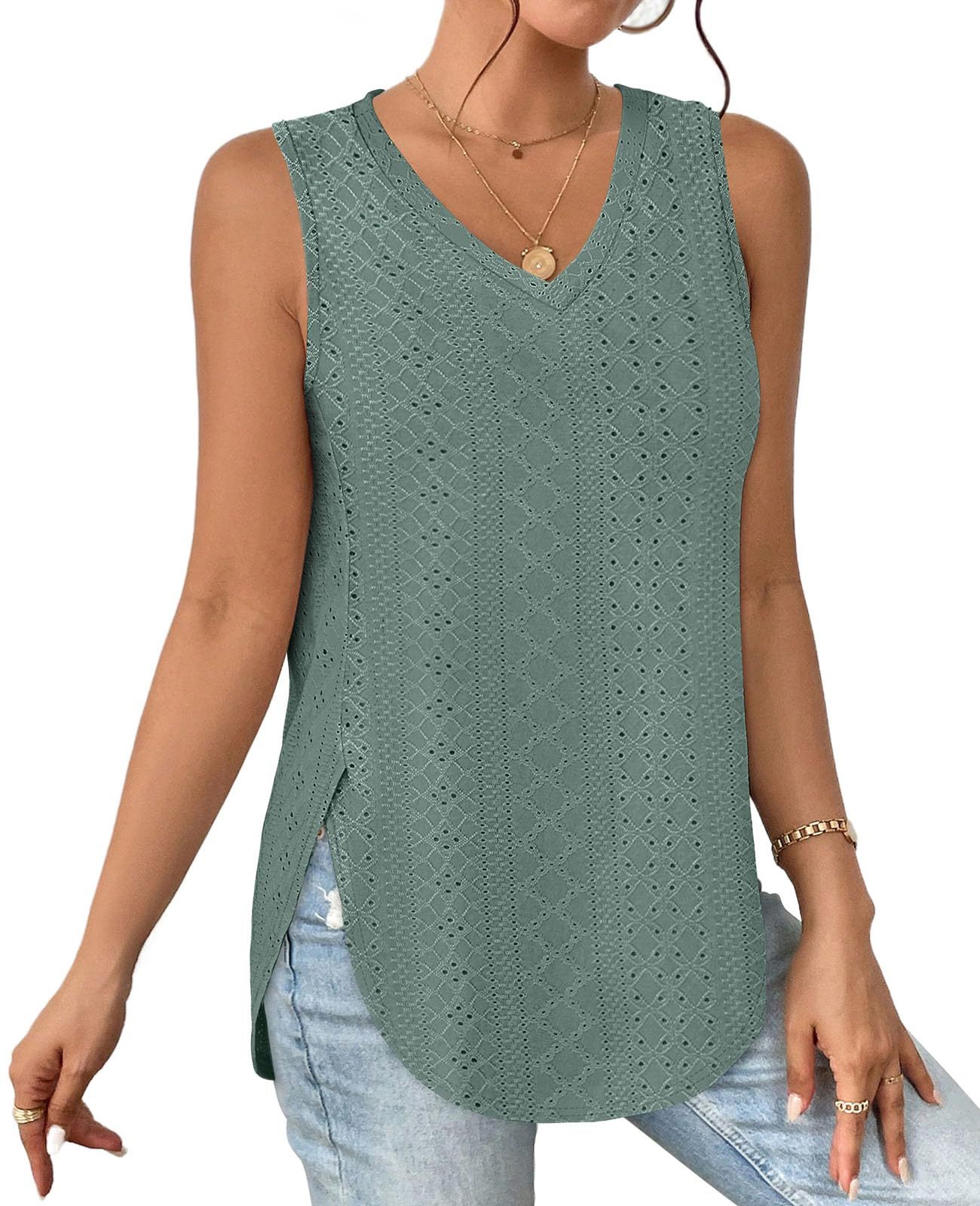 HOT SALE Women's V Neck Eyelet Embroidery Casaul Sleeveless Tank Tops