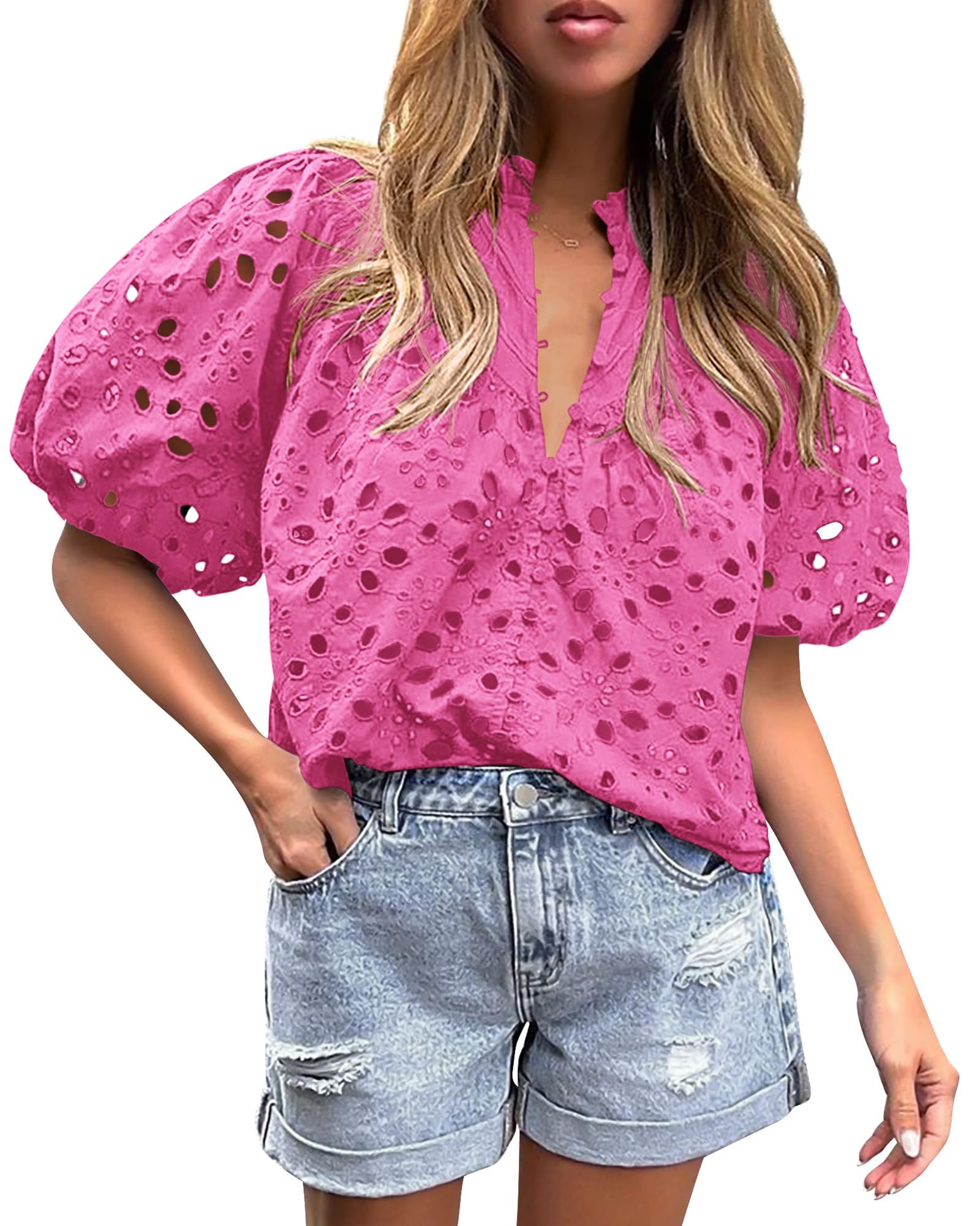 2024 New Women's Hollow Out Lace Embroidered Blouse
