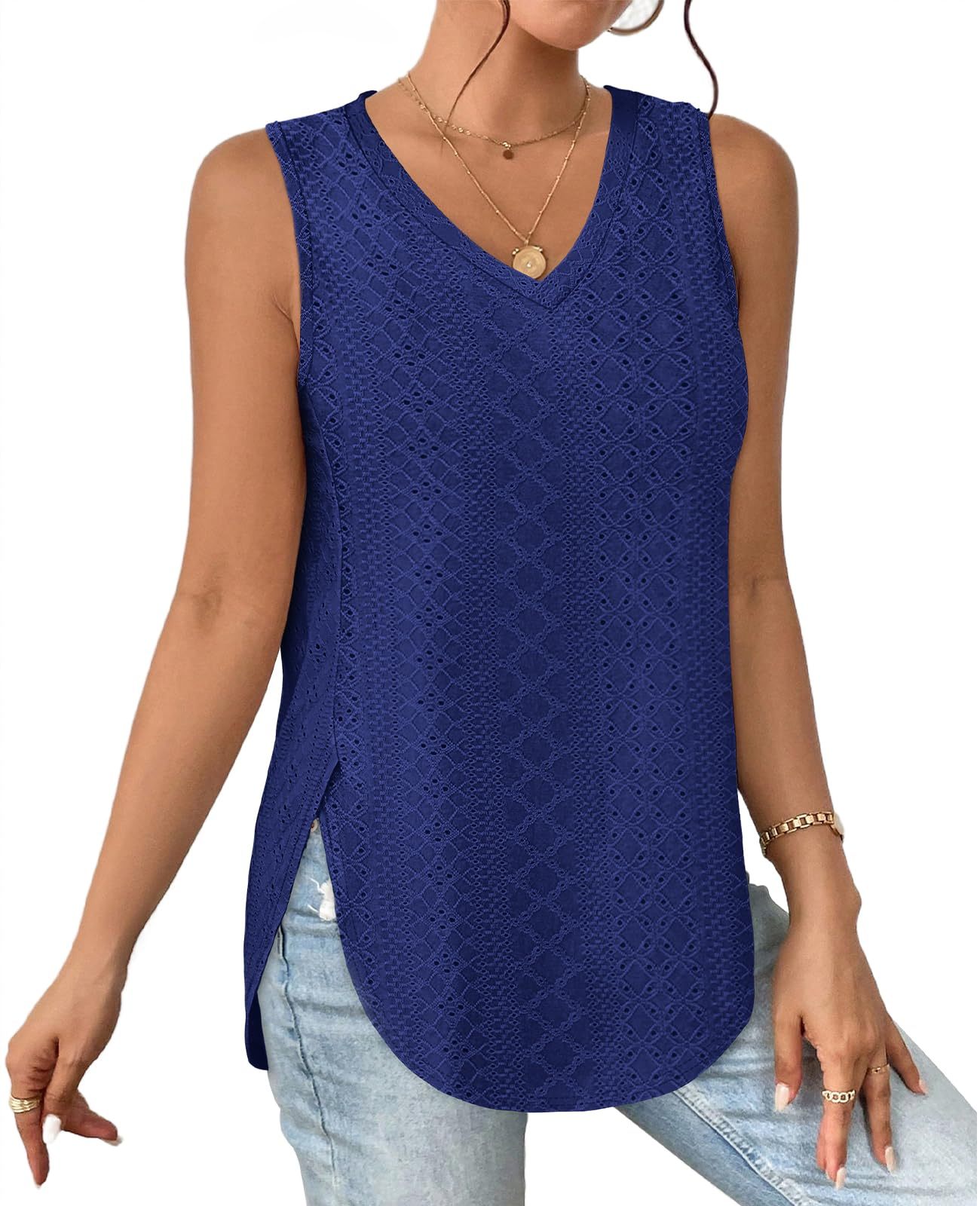 HOT SALE Women's V Neck Eyelet Embroidery Casaul Sleeveless Tank Tops