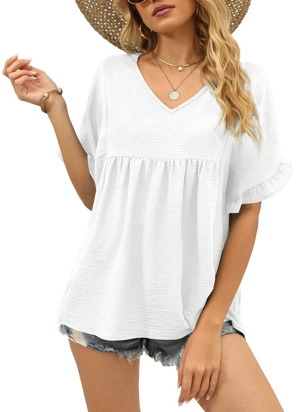 Womens Tops Casual V Neck Ruffle Sleeve T Shirts Babydoll Loose Fit Peplum Tops