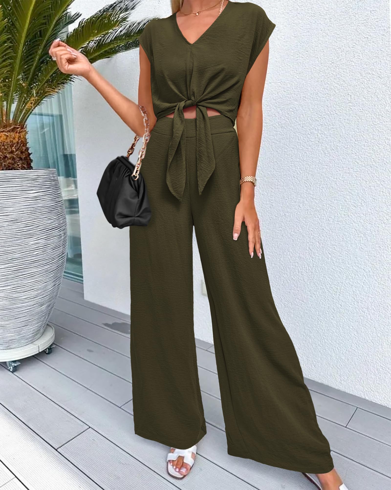 Women's Summer Cap Sleeve V Neck Belted Crop Tops Wide Leg Pant Sets