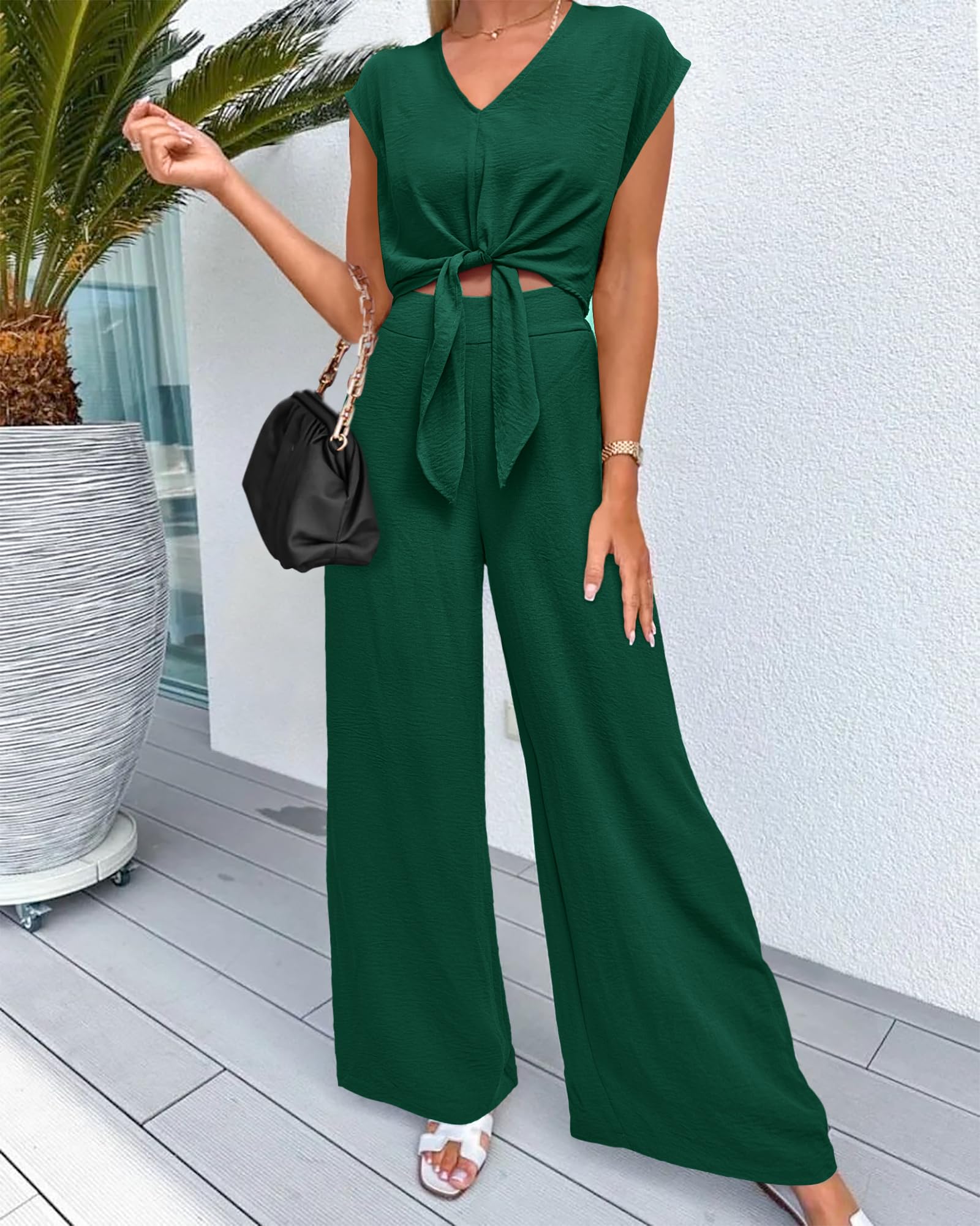 Women's Summer Cap Sleeve V Neck Belted Crop Tops Wide Leg Pant Sets