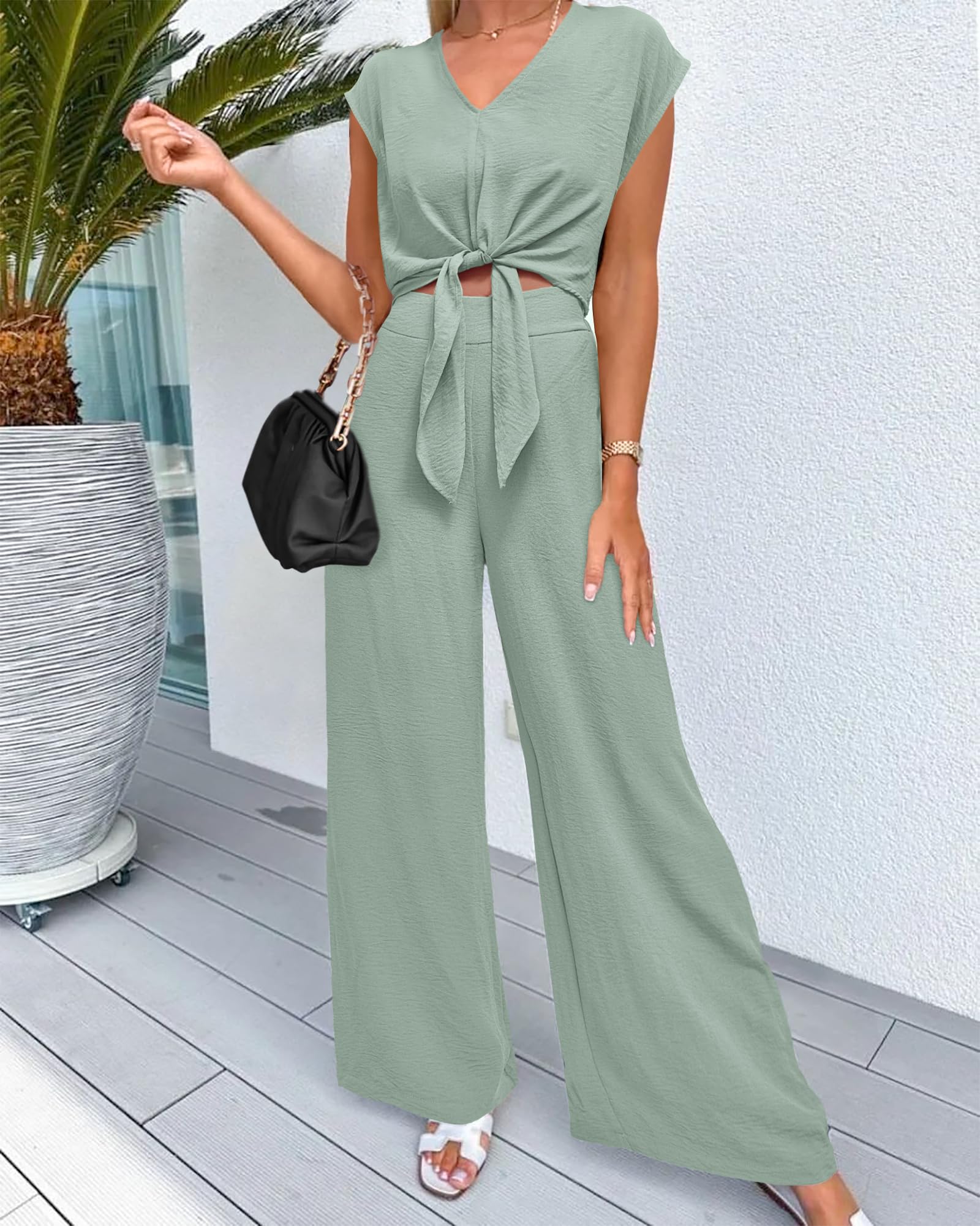 Women's Summer Cap Sleeve V Neck Belted Crop Tops Wide Leg Pant Sets