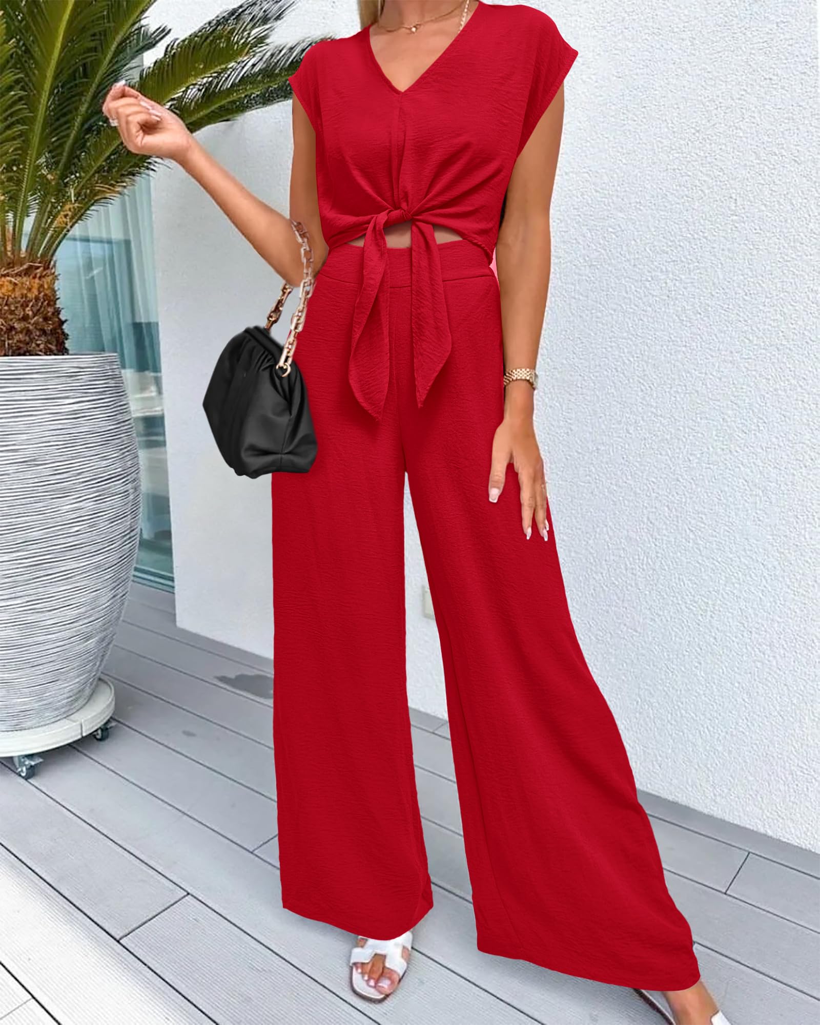 Women's Summer Cap Sleeve V Neck Belted Crop Tops Wide Leg Pant Sets