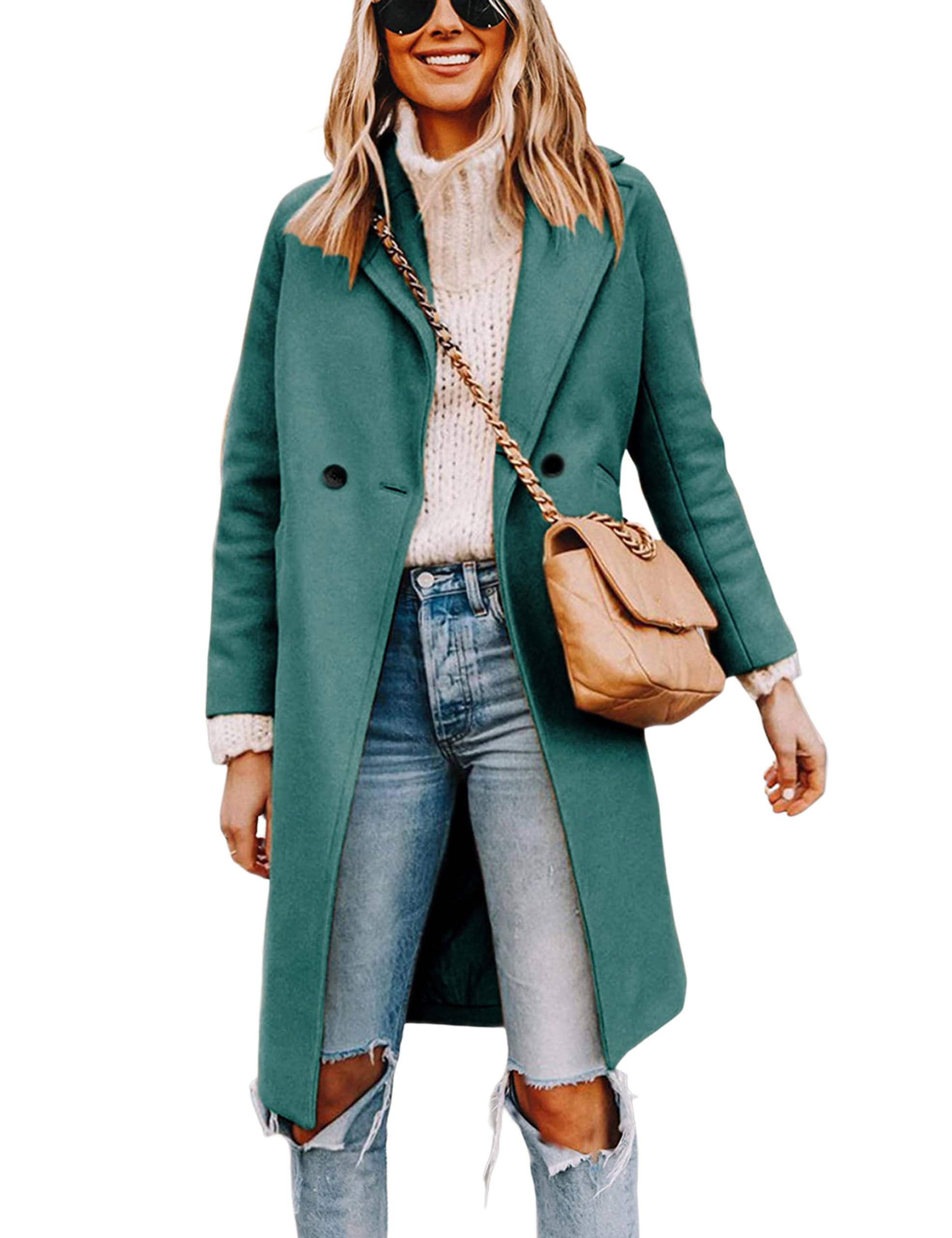 Women's Notch Lapel Double Breasted Wool Blend Mid Long Pea Trench Coat