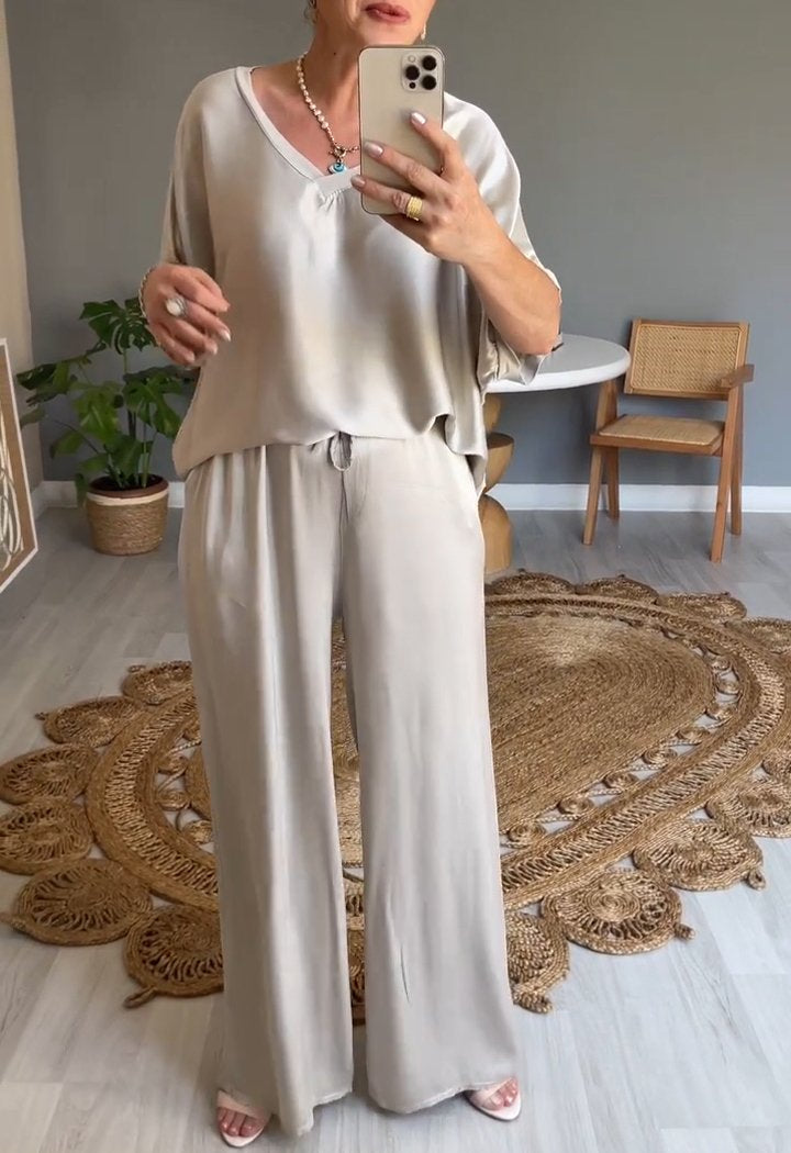 HOT SALE V-neck Satin Top and Wide Leg Two-piece Set