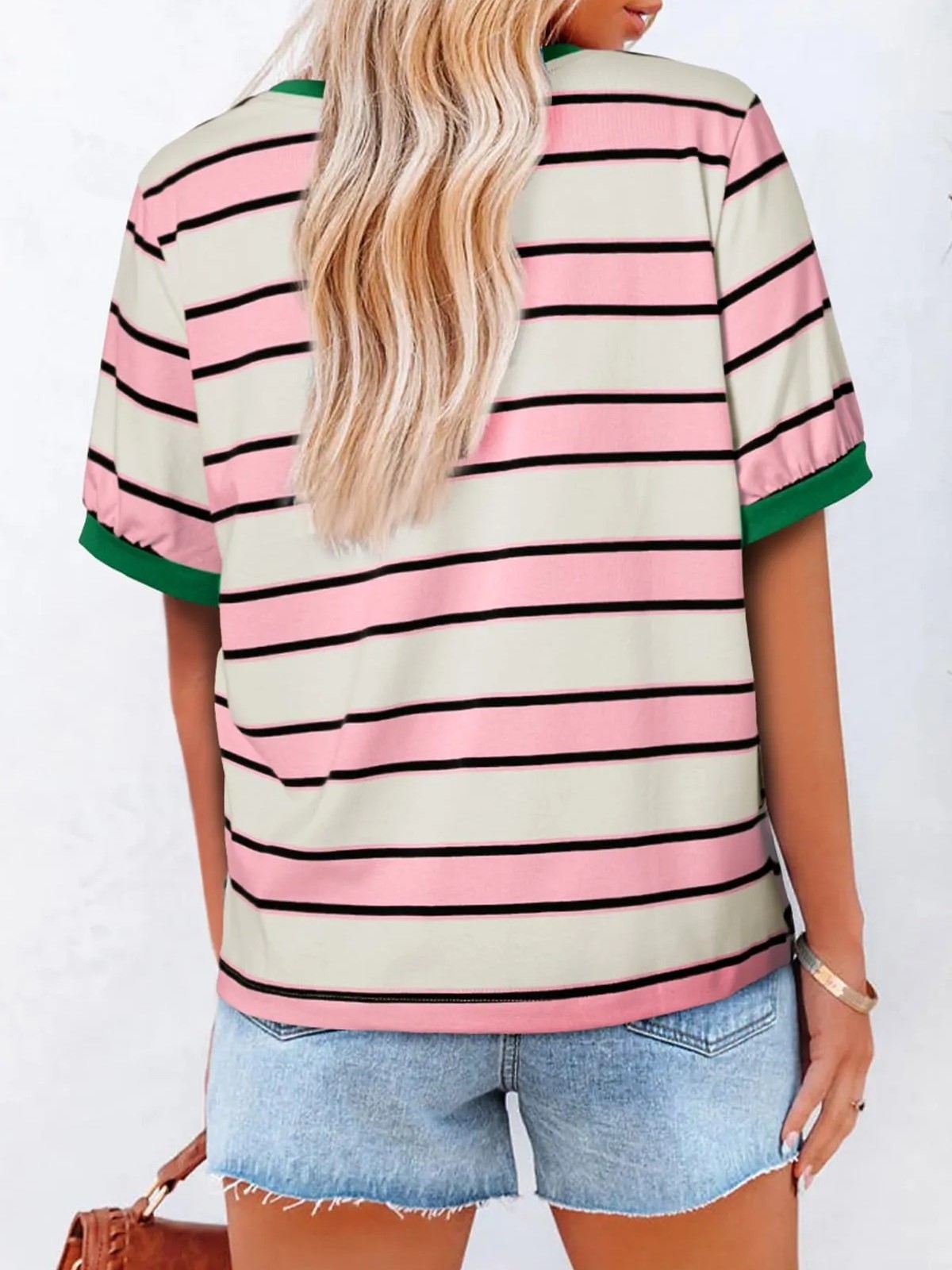 HOT SALE Women's Striped Color Block Short Sleeve T-Shirts Casual Loose Basic Tee