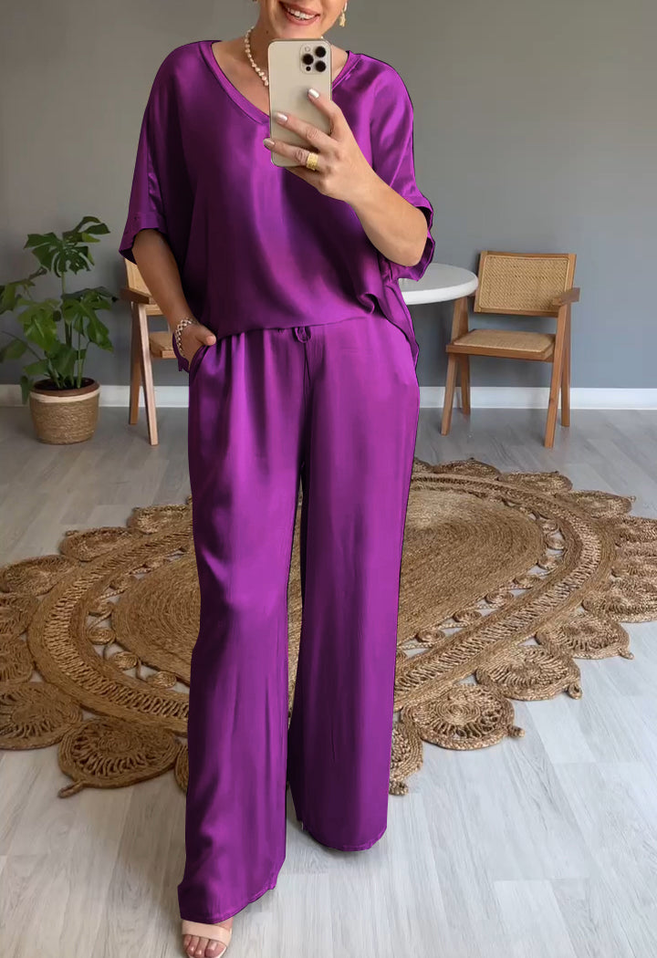 HOT SALE V-neck Satin Top and Wide Leg Two-piece Set