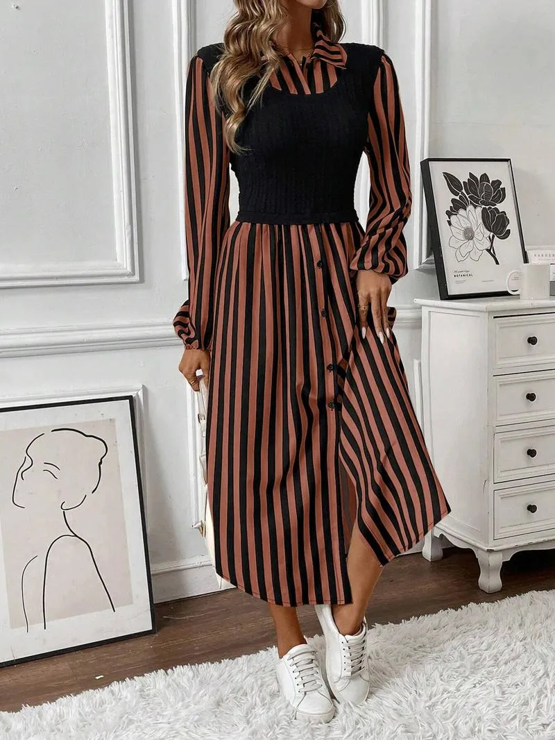 HOT SALE Women's Long Sleeve Striped Button Front Shirt Dress