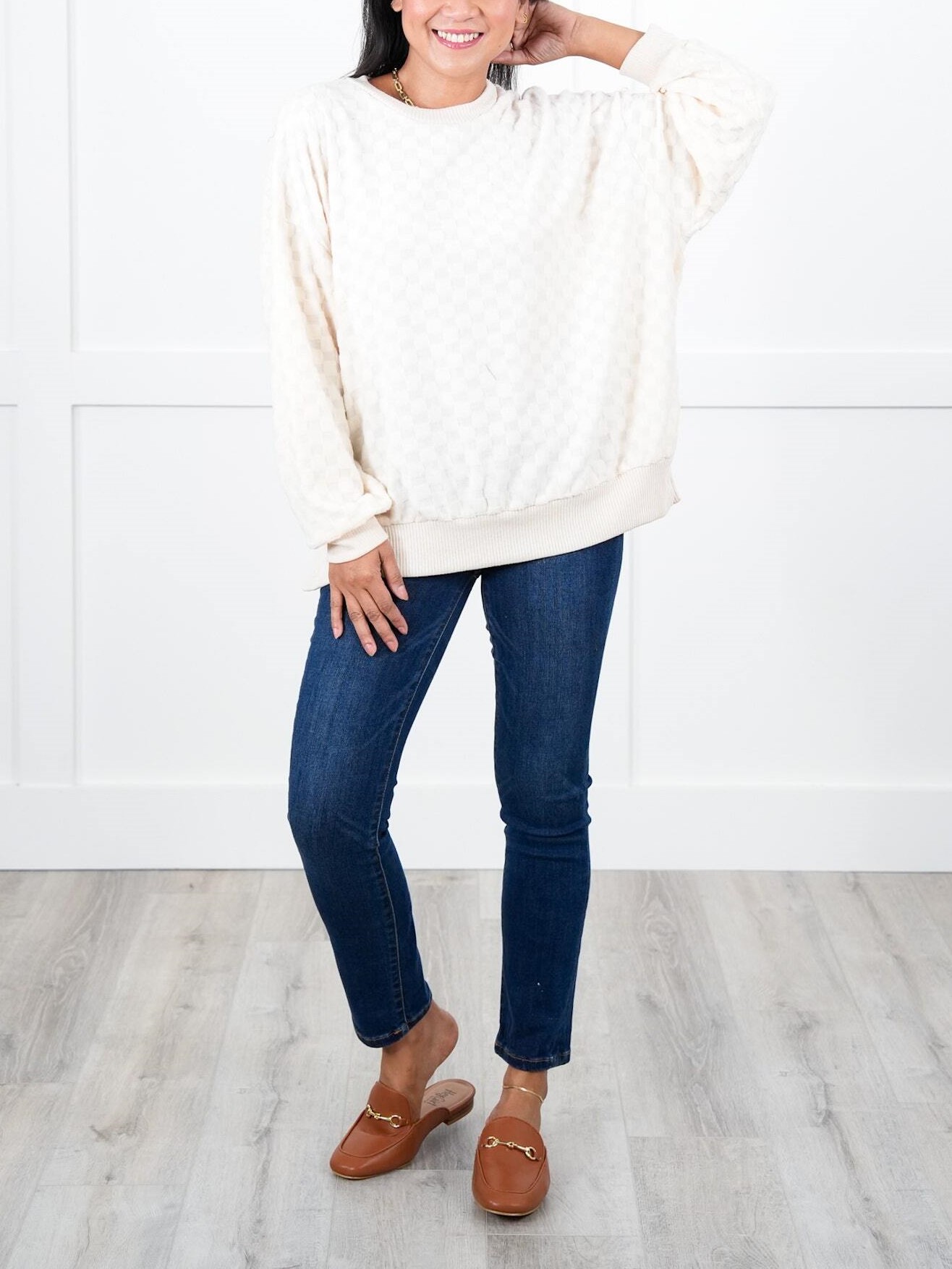 Oversized Textured Round Neck Dolman Sleeve Side Slits Top