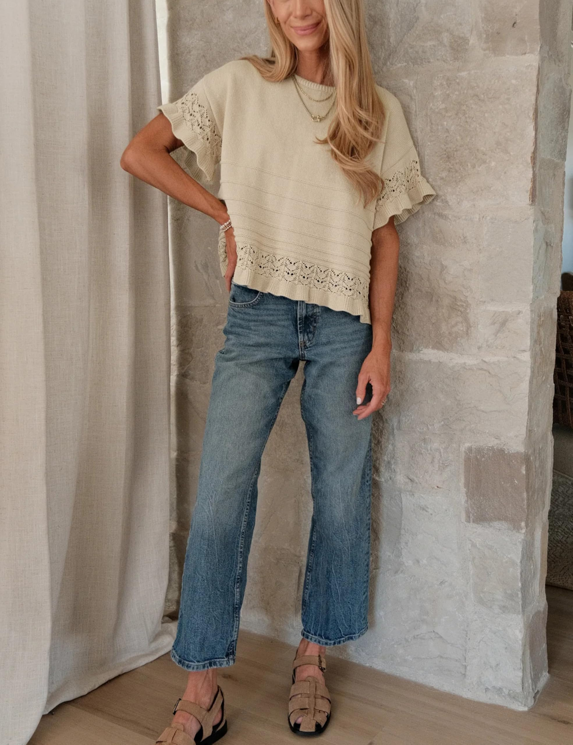 HOT SALE Women's Round Neck Ruffled Hem Knit Pullover Top