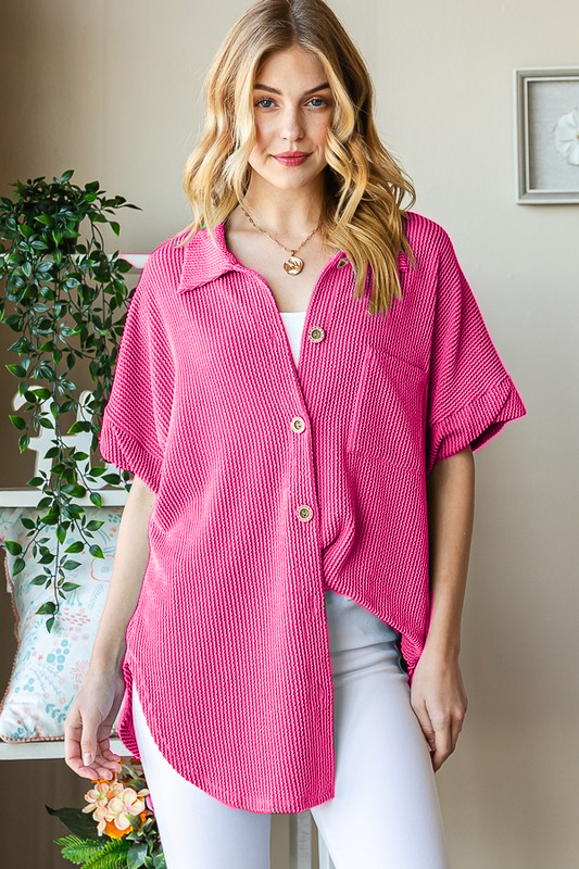 Ribbed Button Down Pocket Shirt Top