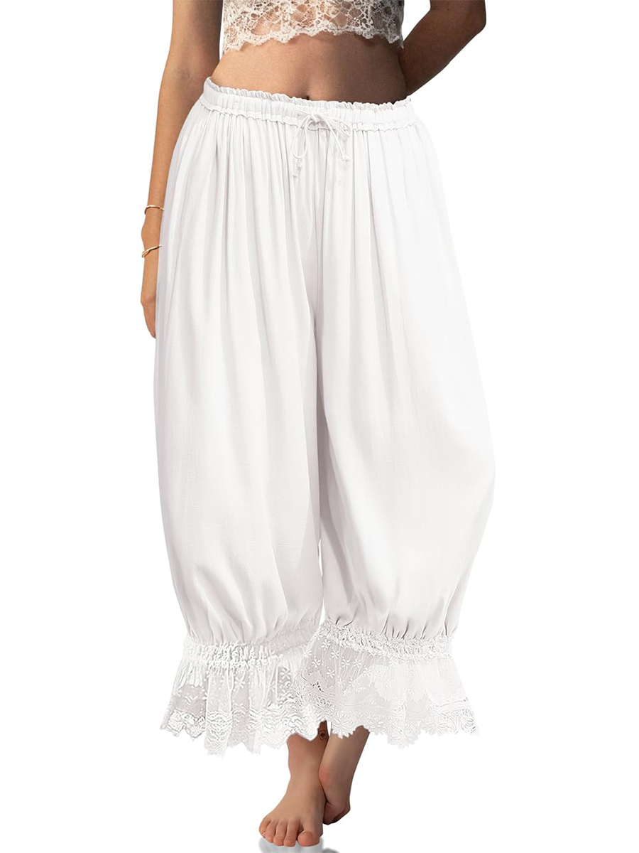 Women's Lace-Trimmed Ruffled Lantern Pants, Cropped Wide Leg Pants