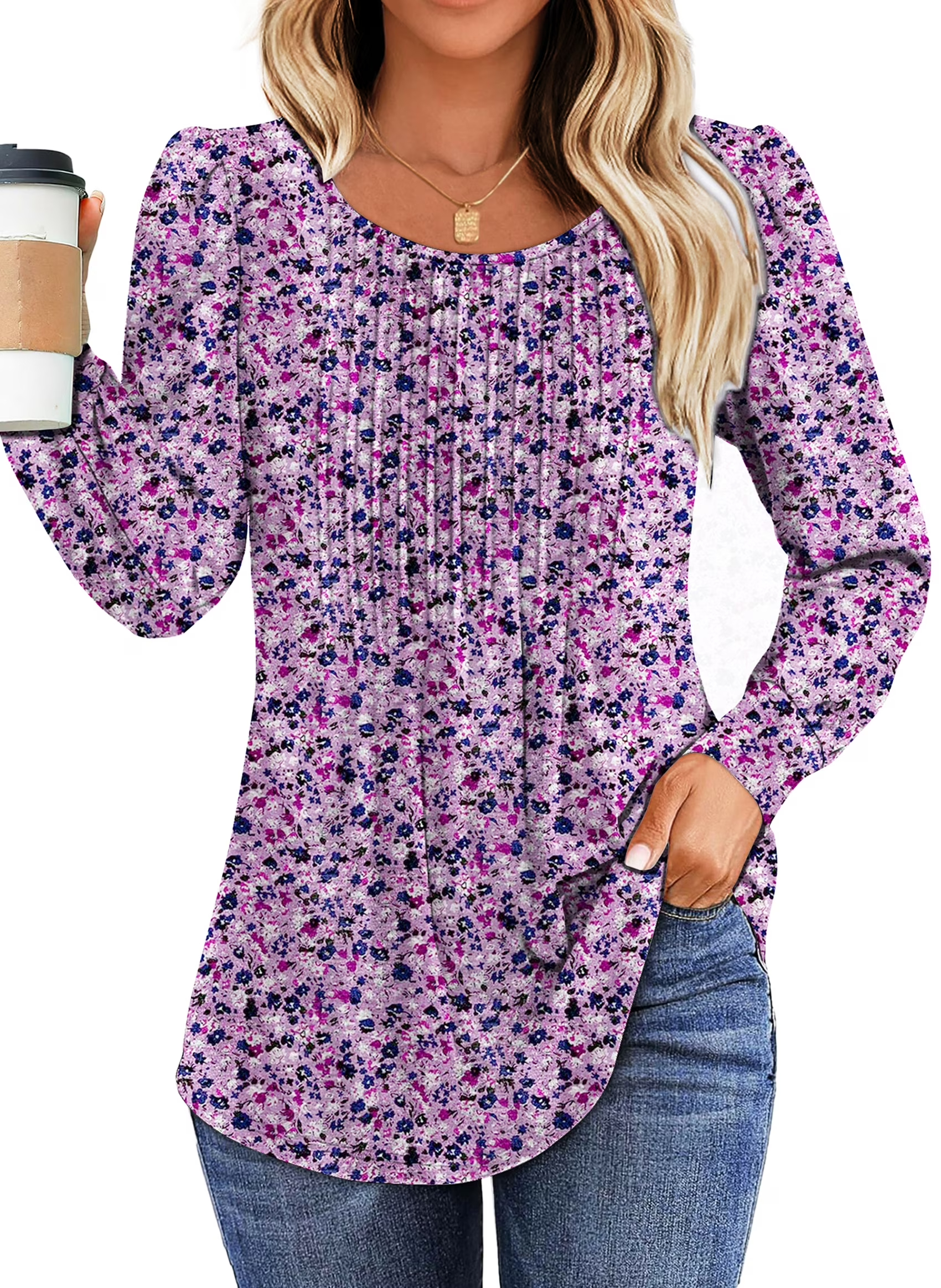 Women's Printed Long Sleeve Pleated Front Tunic Tops