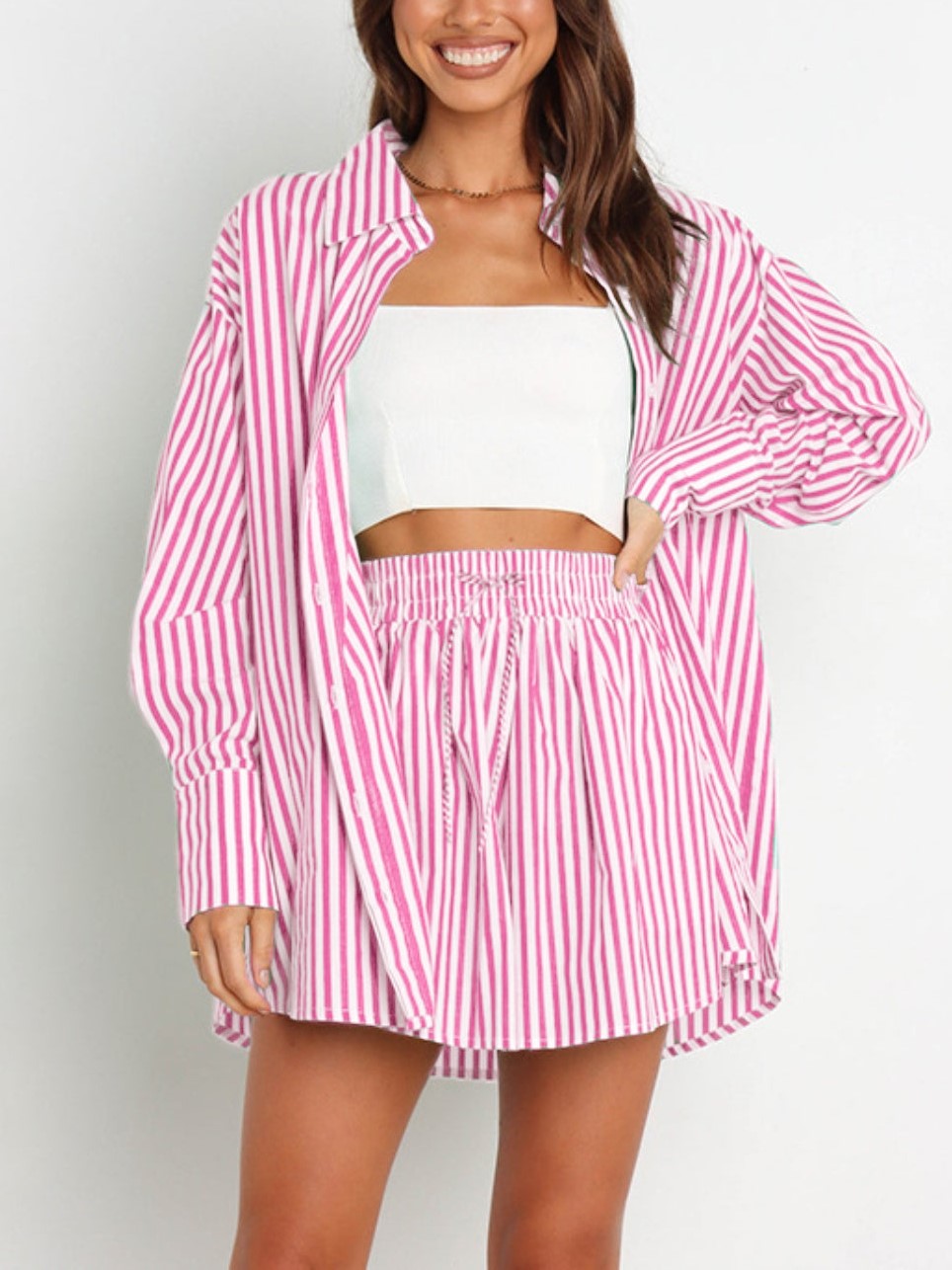 HOT SALE Striped Dropped Shoulder Shirt and Shorts Set