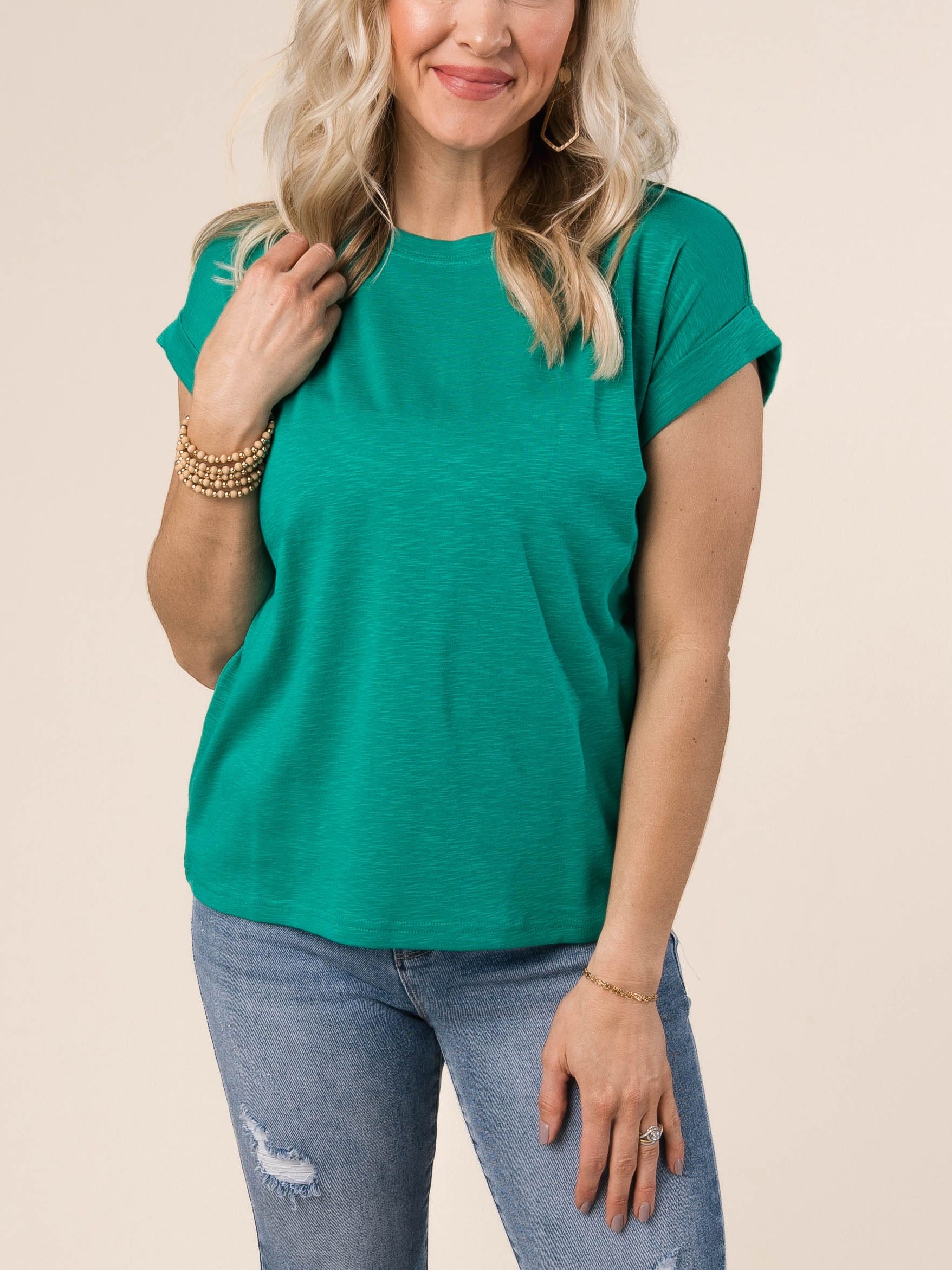 Women's Crew Neck Knit Rolled Cuff Short Sleeve Basic Tee