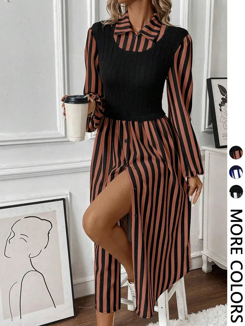HOT SALE Women's Long Sleeve Striped Button Front Shirt Dress