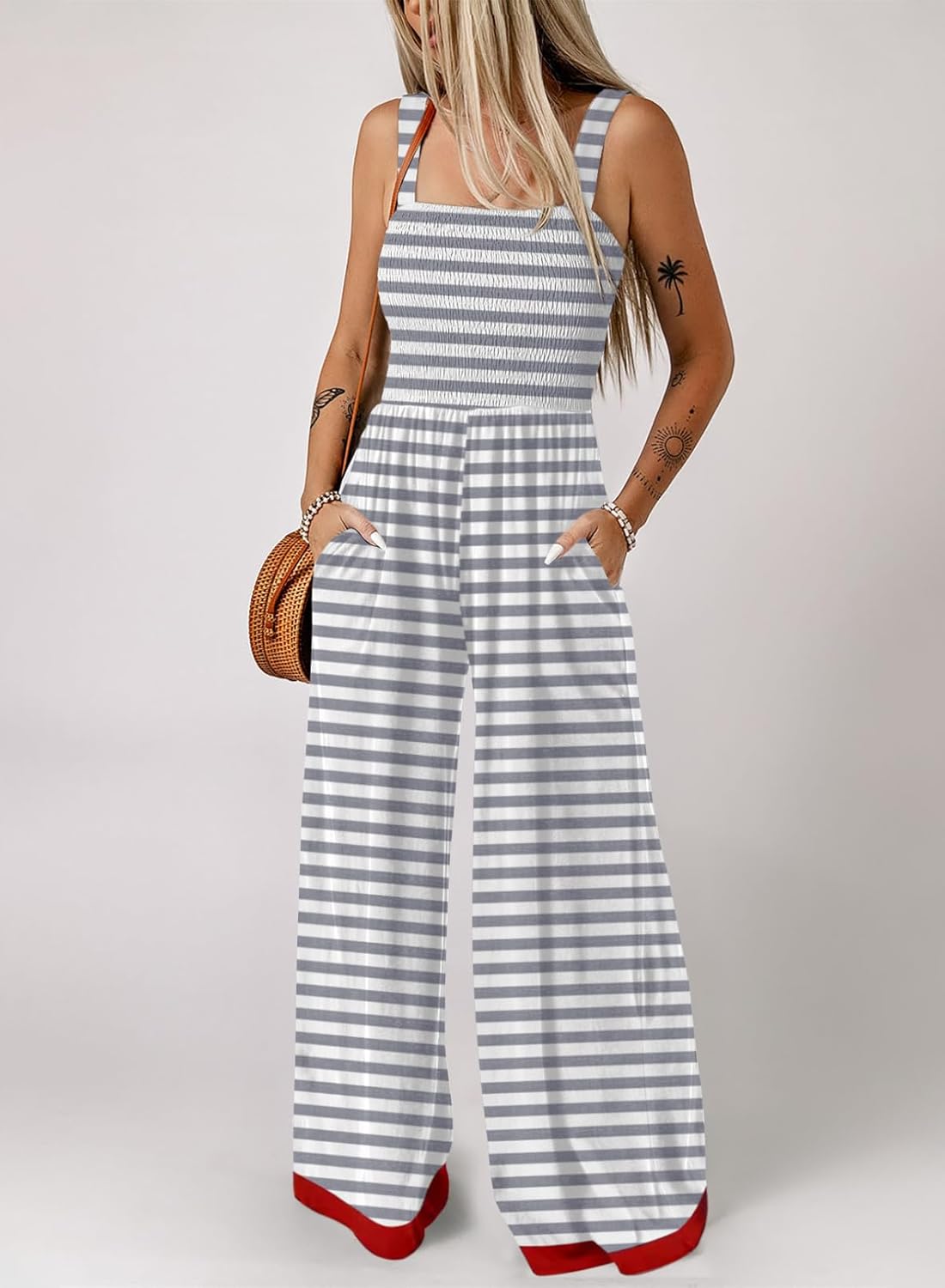 Women's Casual Striped Square Neck Sleeveless Long Pant Rompers with Pockets
