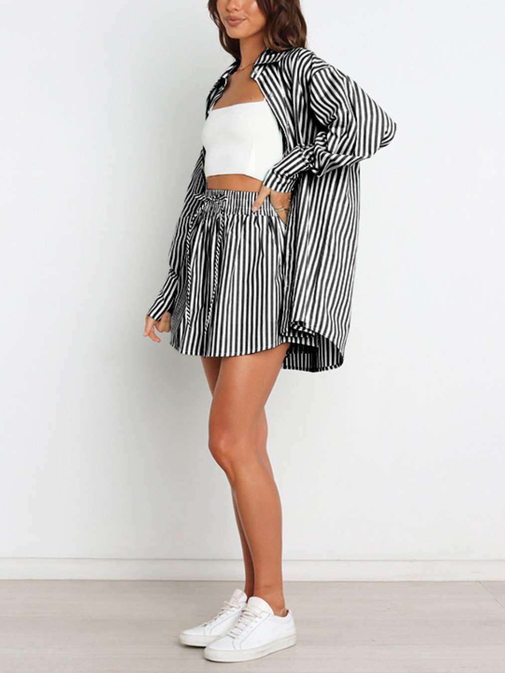 HOT SALE Striped Dropped Shoulder Shirt and Shorts Set