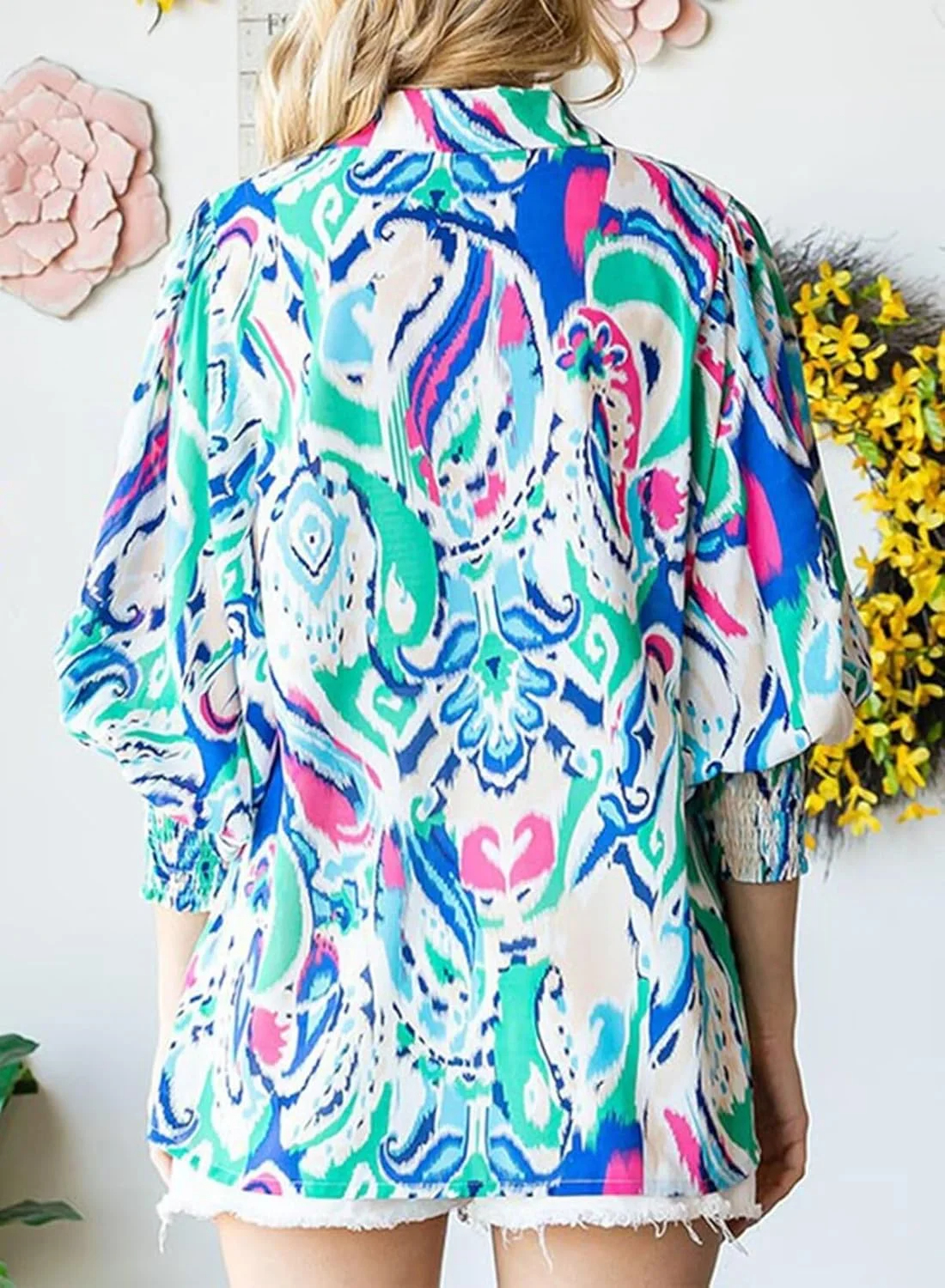 Women's Loose V-Neck Paisley Print Lantern Sleeve Blouse Top