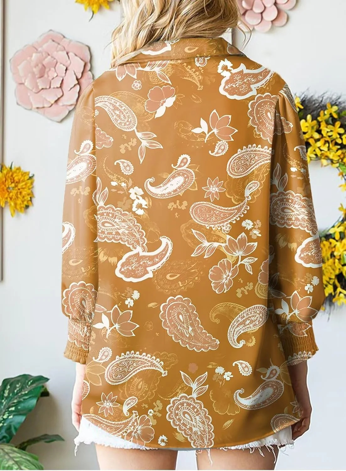 Women's Loose V-Neck Paisley Print Lantern Sleeve Blouse Top